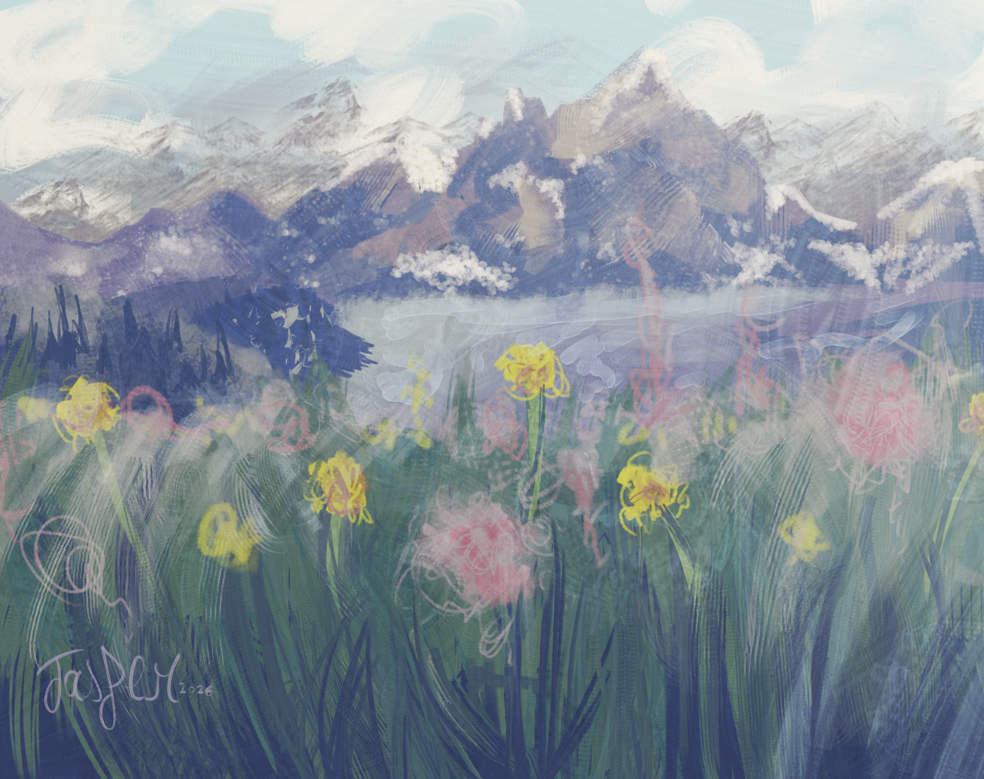 a cloudy view of a lake under snowy mountains. in front of the lake is grass with many yellow and pink flowers