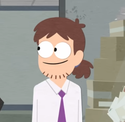 a smiling young man with brown hair tied in a ponytail, a stubble, and a white button-down shirt with a purple tie