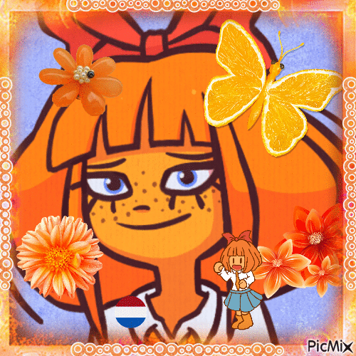an orange-themed gif of mymy schoppenboer from ongezellig