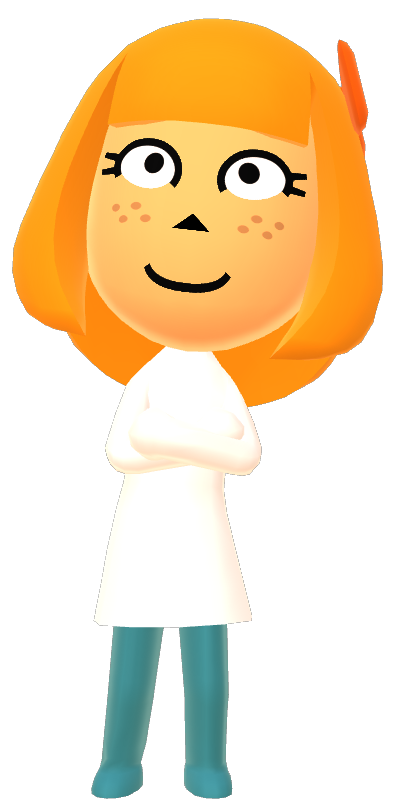 an orange-haired mii in a white shirt with her arms crossed