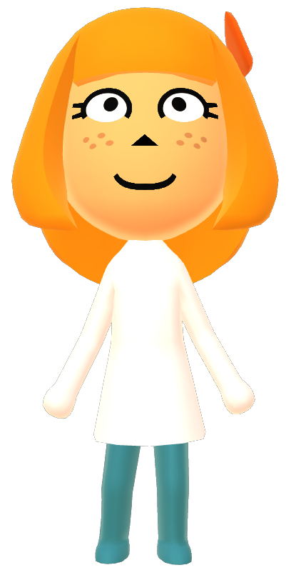 an orange-haired mii in a white shirt with her arms out
