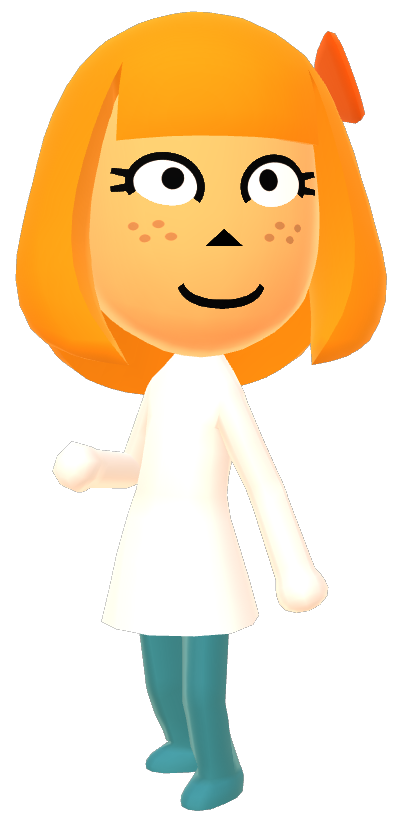 an orange-haired mii in a white shirt