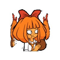 a cube-shaped girl with orange hair