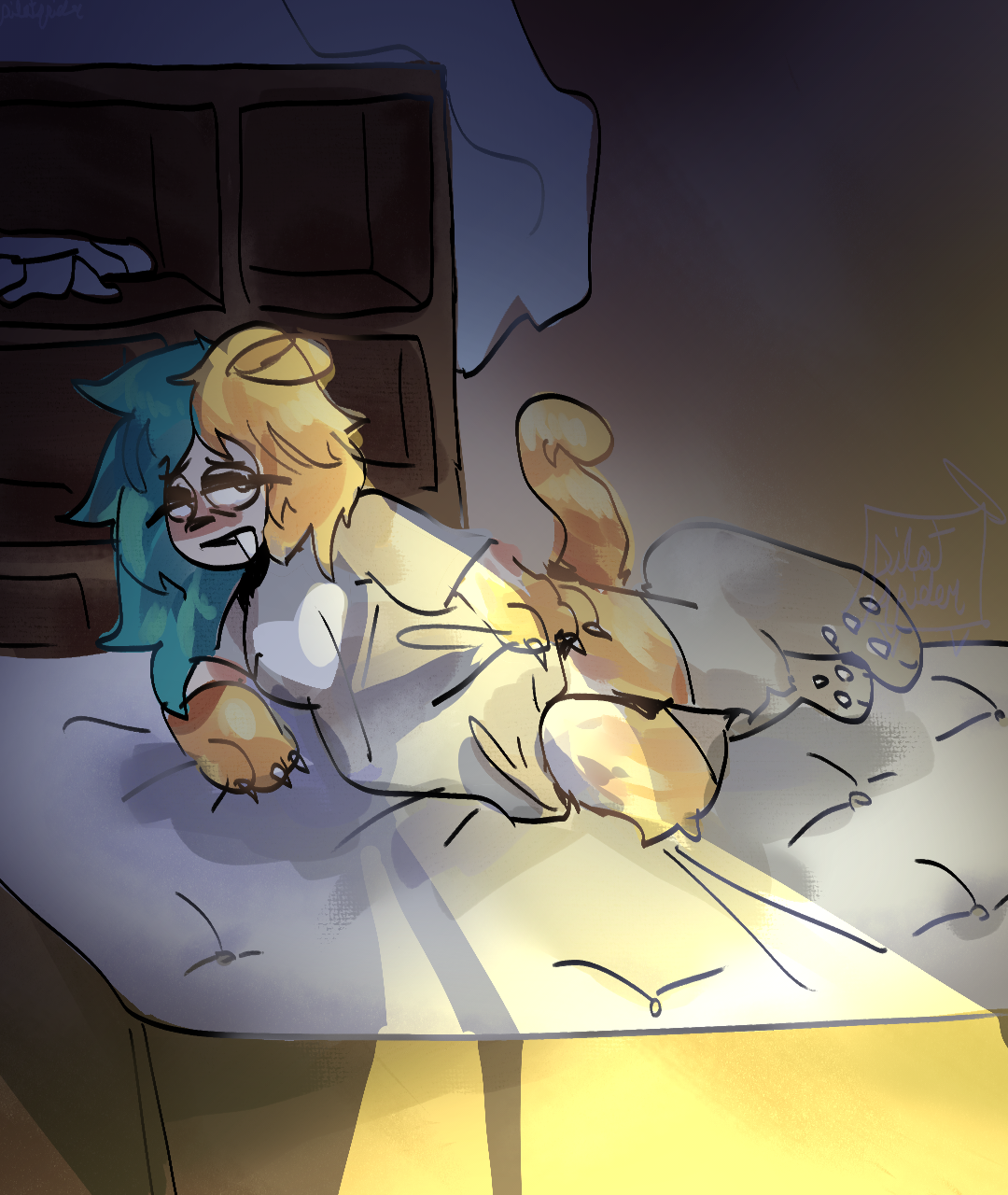 a scared human with catlike features in hospital clothes lying on a mattress