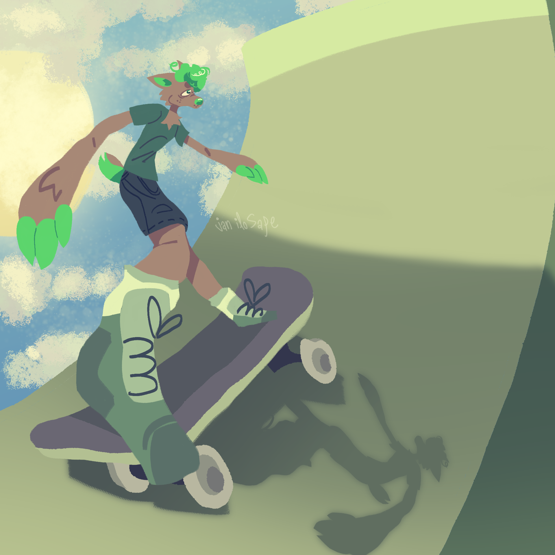 lineless art of a furry character skateboarding