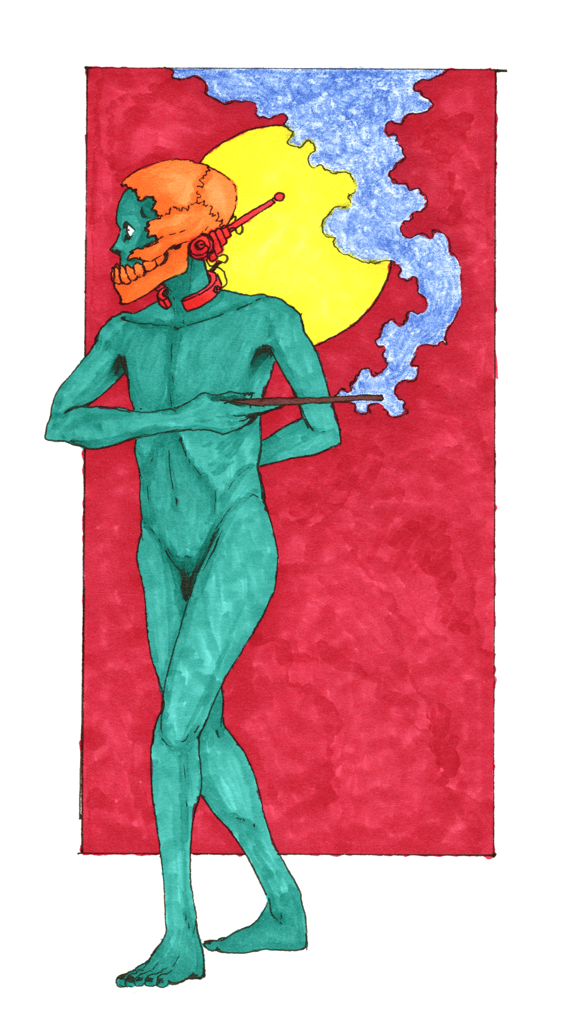 'Caterwaul the Single-Mind'<br><br>'A lean human shape uncurls from beneath a scraggle of scrub brush, nude but for a helm of bone and steel, their skin a copper green and eyes bright with curiosity. Their name is Caterwaul Single-Mind, and they are a mage unlike any other.<br><br>Let their exploits be known here in this record: Twelve seasons past, in the month of Gallows, they killed their master, the Toiling Man, who named them Caterwaul with his final breath. For five seasons more they wandered without purpose until they were confronted by the mage known as Giant. The two warred for several seasons and made great destruction with their work until at last Giant was slain. From their enemy’s skull a great helm was wrought with arcane metallurgy, one that would ward young Caterwaul against mental invasion. For this feat they became known as the Single-Mind. What time has passed since then is inconsequential.'<br><br>This is an excerpt from a story I've been writing off and on (are you sensing a theme). The working title is 'Mageland', named after the barren wasteland it's set in. Kind of a Mad Max style world but centered around wizards mixing magic and tech together, then going bonkers. Not supposed to be a comic for once, but I thought having some illustrations as chapter headers would be fun if I ever finish the damn thing.<br><br>Regular pen for the line work, brush pens for color, plus some pastels for the smoke.