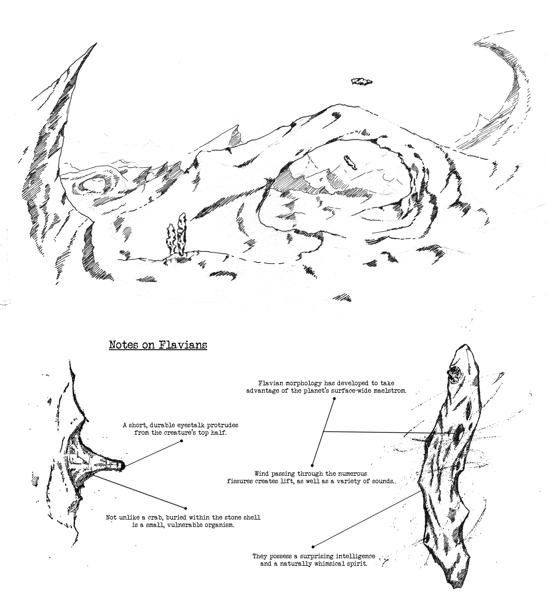 'Notes on Flavians'<br><br>This is a alternate version of the 'Singing Stones' piece from earlier this year. It was going up in a gallery along with the rest of my show and I wasn't happy with the original product. I think this one has a lot more atmosphere.<br><br>Pen, with digital additions and touch-up.