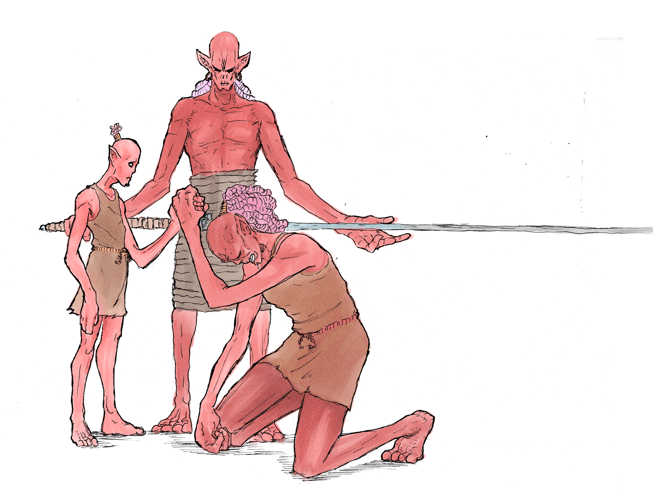 'Gift of Guilt'<br><br>A moment in the early life of Etchi, an alien swordsman who had to leave his family, his home, and eventually his planet on a quest to free his people from hellish servitude. This illustration depicts when he must go from the village in order to hone his skills, taking the longsword of his father and saying goodbye to his mother. He will never see them again.<br><br>May be part of a bigger story along the road, really like the concept.<br><br>Pen, colored digitally later.