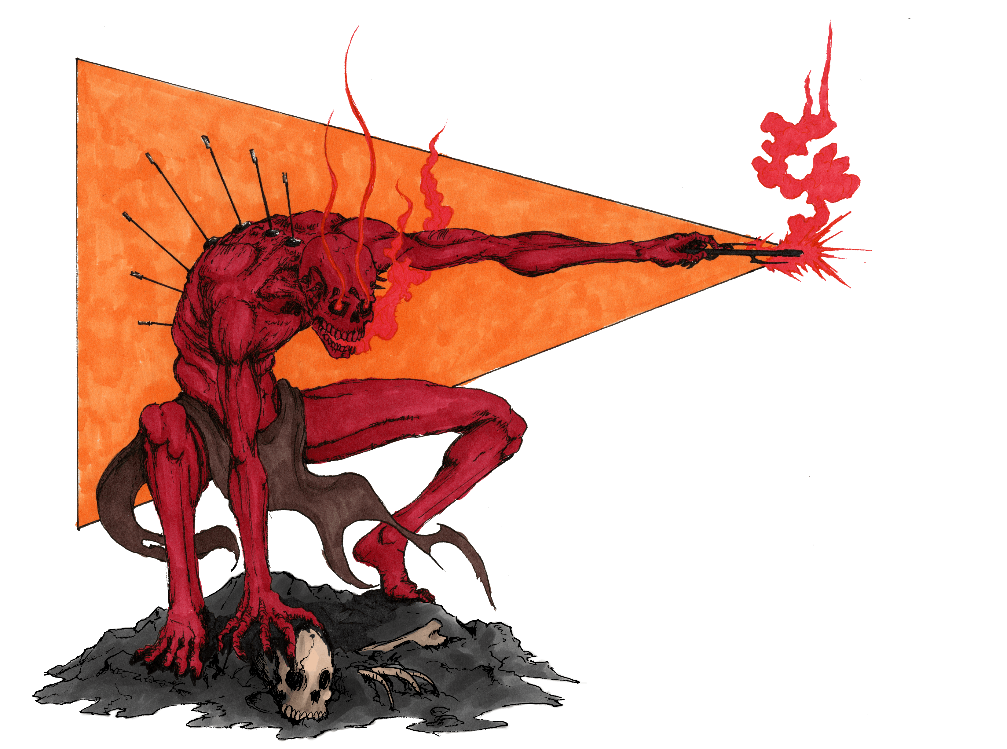 'Stingin' Pete'<br><br>Also part of the 'Mageland' story. Pete is a very powerful mage who has kept a remnant of sanity despite burning his body and mind with magical energy. He draws the power through numerous metal antennae embedded in his skin and along the spined, blade-like wand of steel. He has a large territory in the wastes, travelers should beware.<br><br>Pen/brush pens again, with some light digital coloring to the rocks and bones he's standing on.