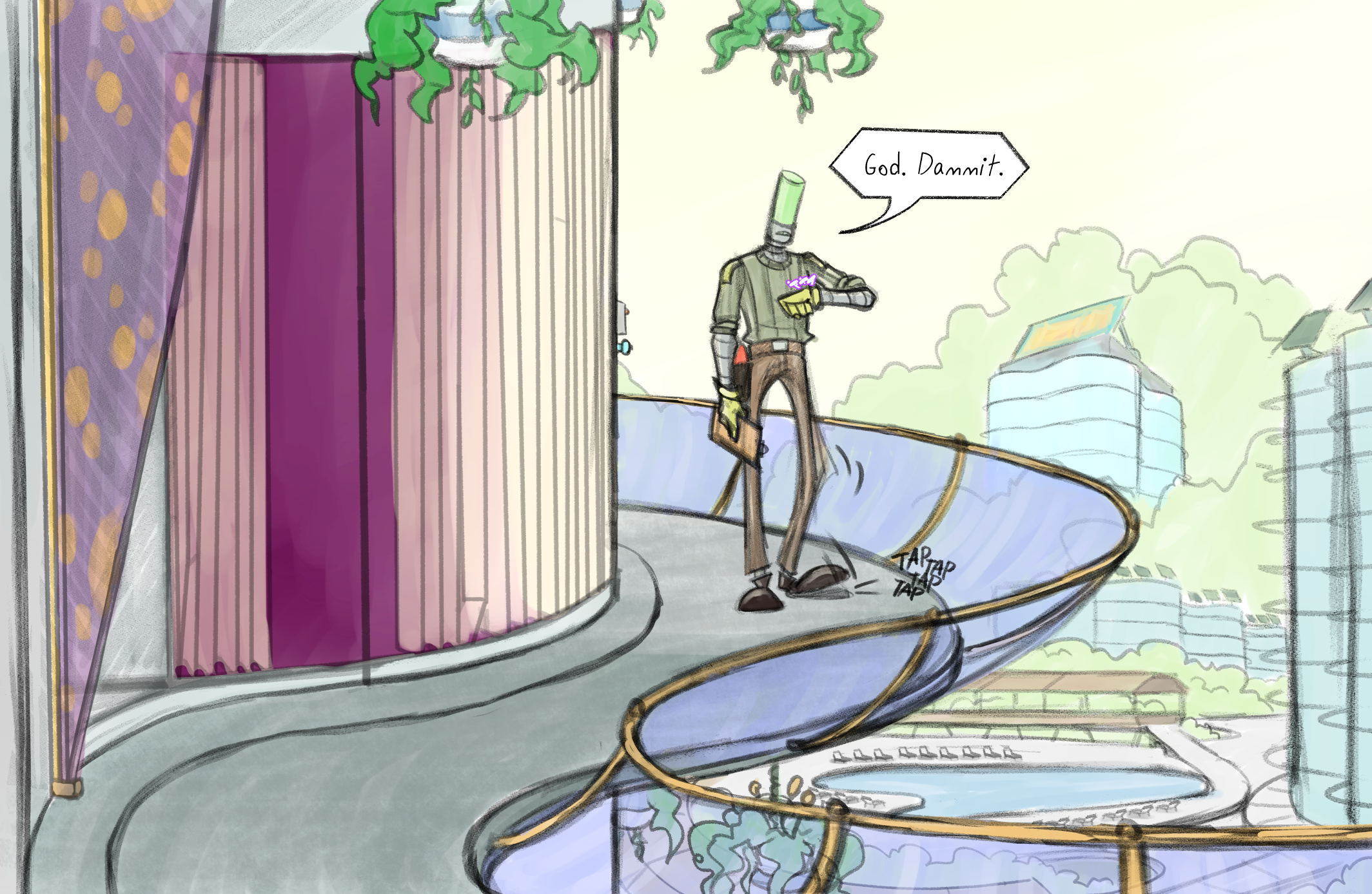 'Resort 1'<br>Working on redesigning the resort that the first section of the comic takes place in. Trying to make it look more upscale. The whole thing is gonna be updated, which will take some time but is worth it to put out my best work. Ideally through this process I'll also become more and more adept at creating in this style and keeping it consistent. Honestly, I've been feeling pretty energized after stalling on it for a while.