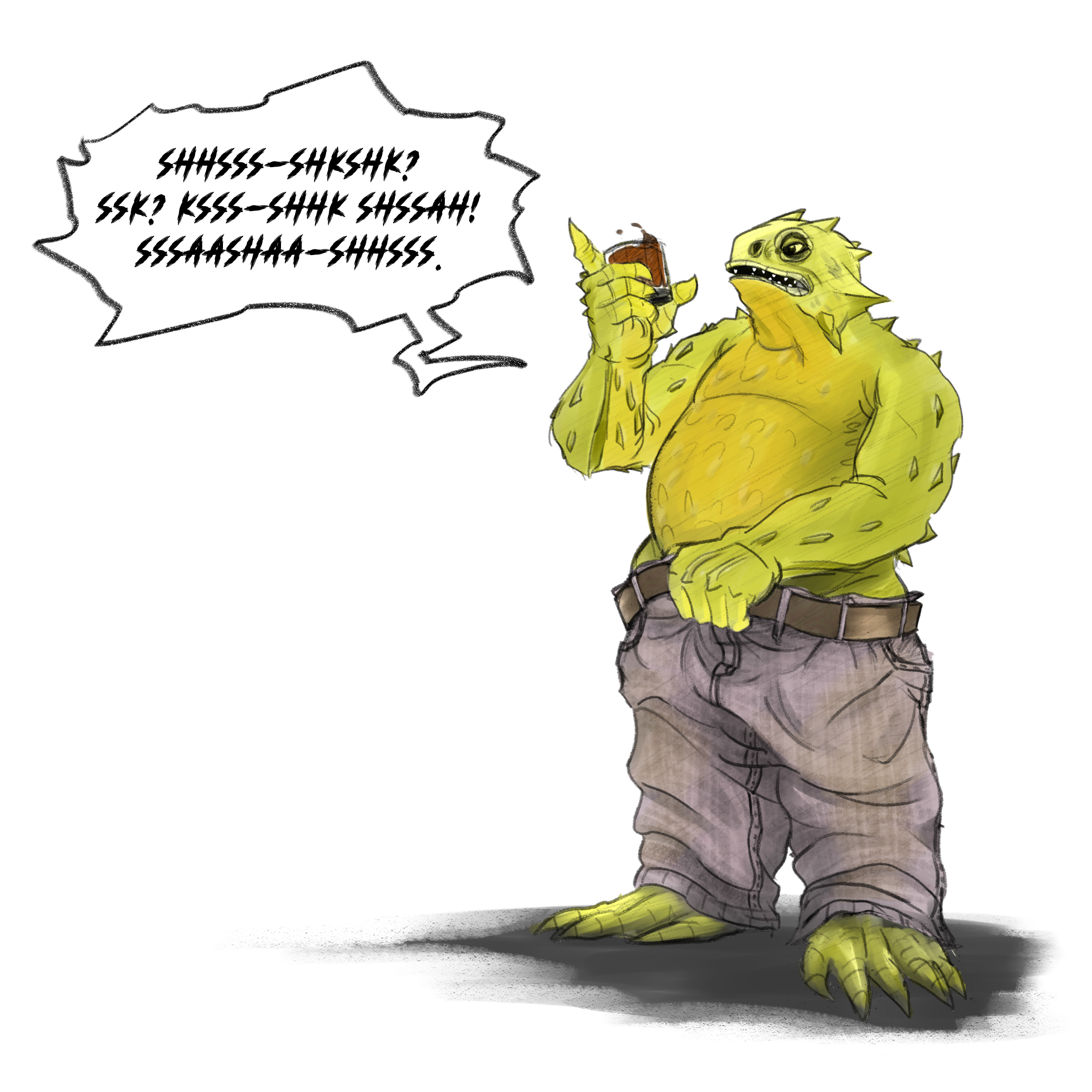 'Customers 2'<br><br>Second half of the lizard couple. Started life as a scrawny frilled dragon type dude, now based more on a horned lizard. Digital.