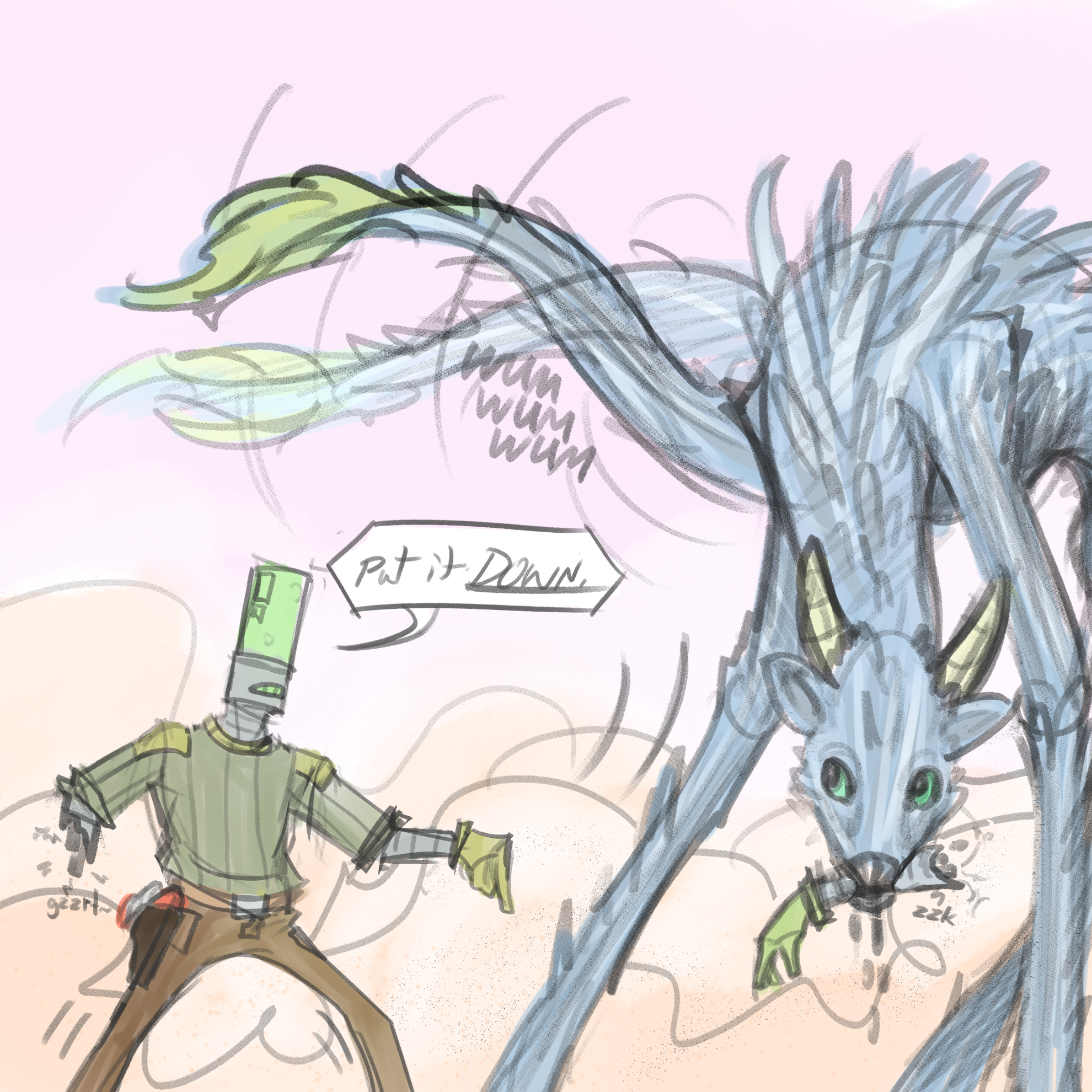 'Disarmed'<br>A little one-panel comic from the Delivery 'series', experimenting with different color/lineart styles.