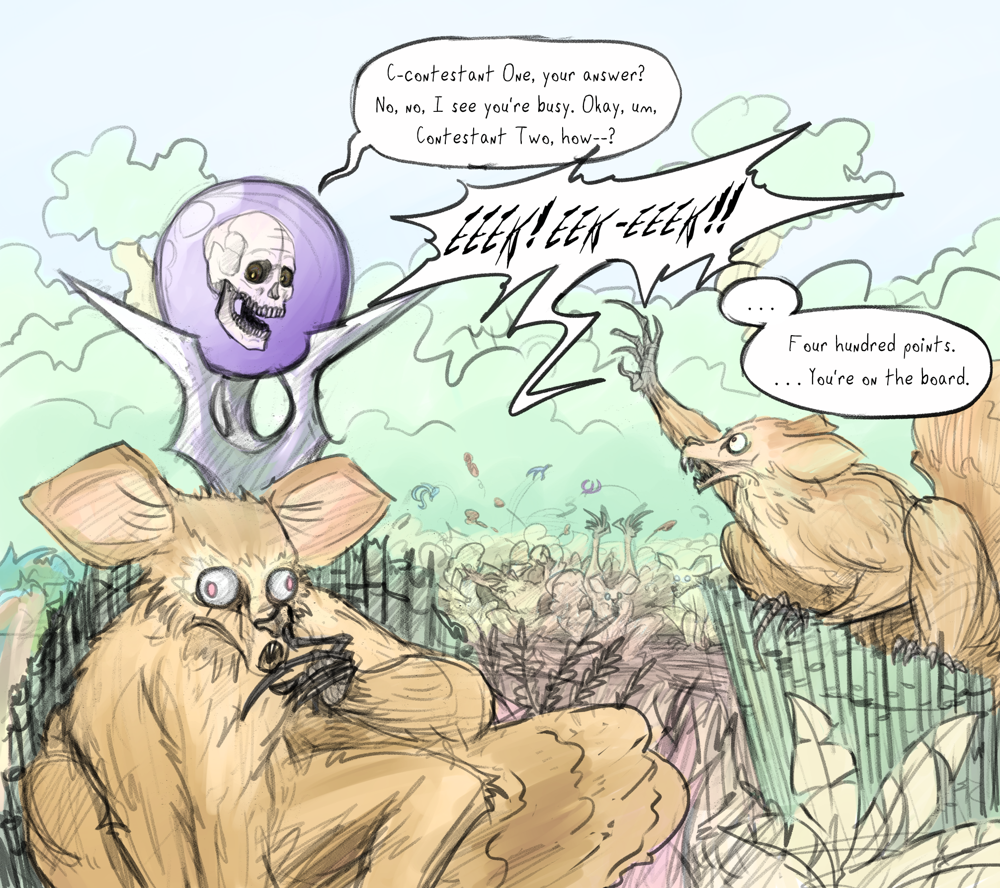 'Korlycz 1'<br>Another one-panel, this one more in line with the Layover graphic novel I've been working on for a few years. Hadn't been happy with the color styles for a while, but this recent stuff has been feeling better to me.