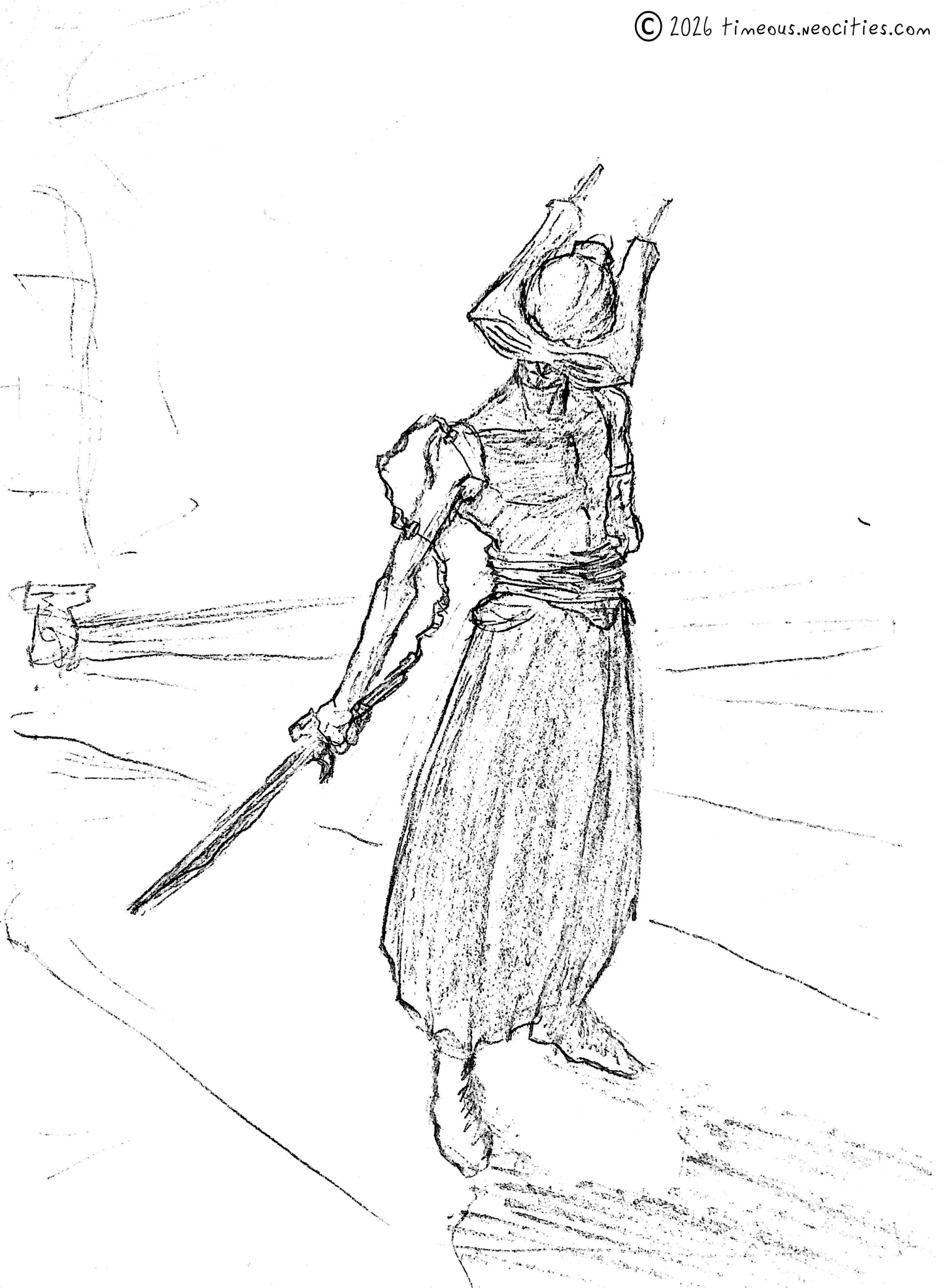 'Samurai, Future 2'<br>Concept for a futuristic swordsman in a minimalistic training room. Pencil.