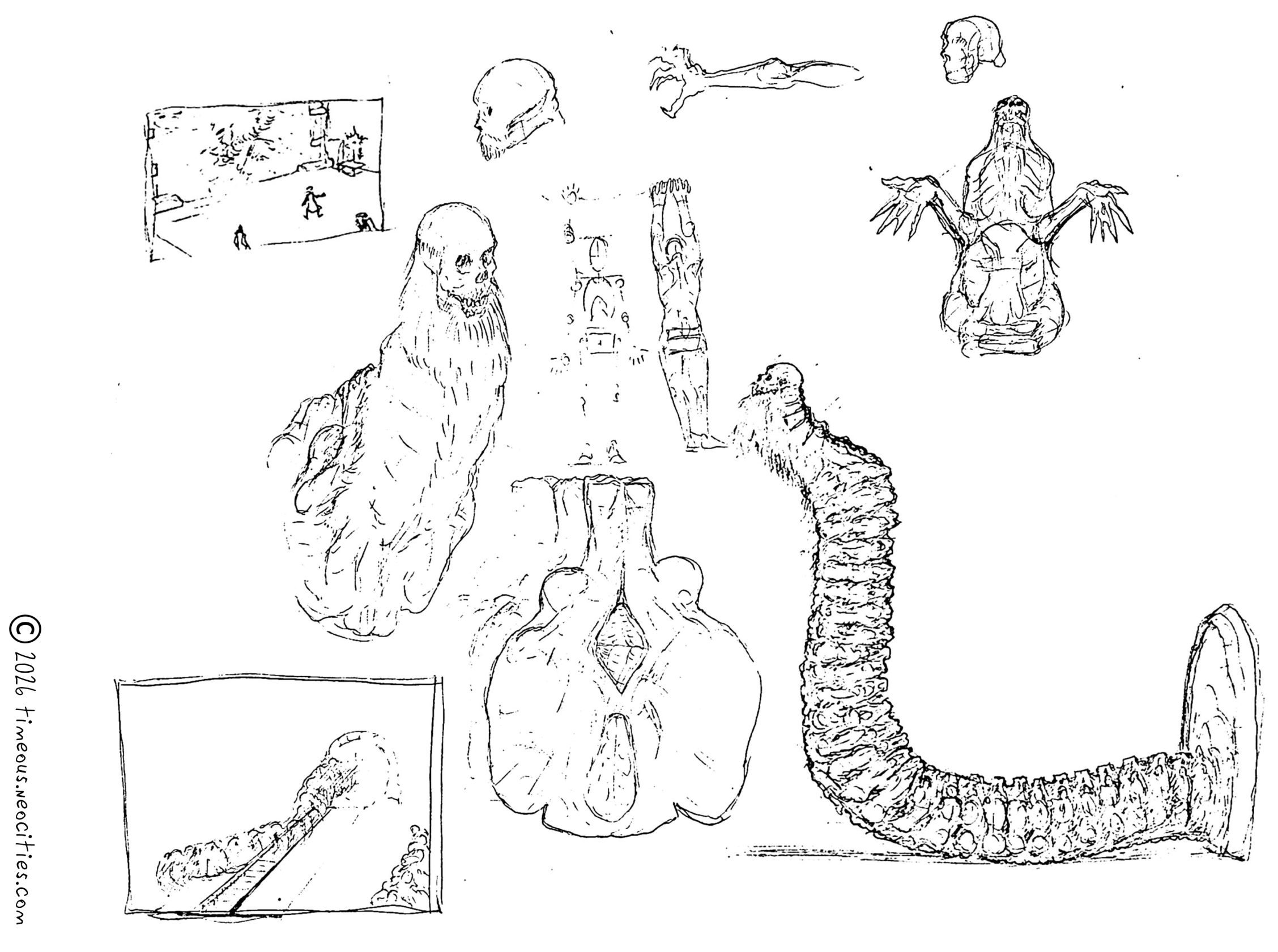 'Ark of Man BS 2'<br>Idea developed quickly after I chose a direction. These sketches specifically got cut together to form the final images. Pen.