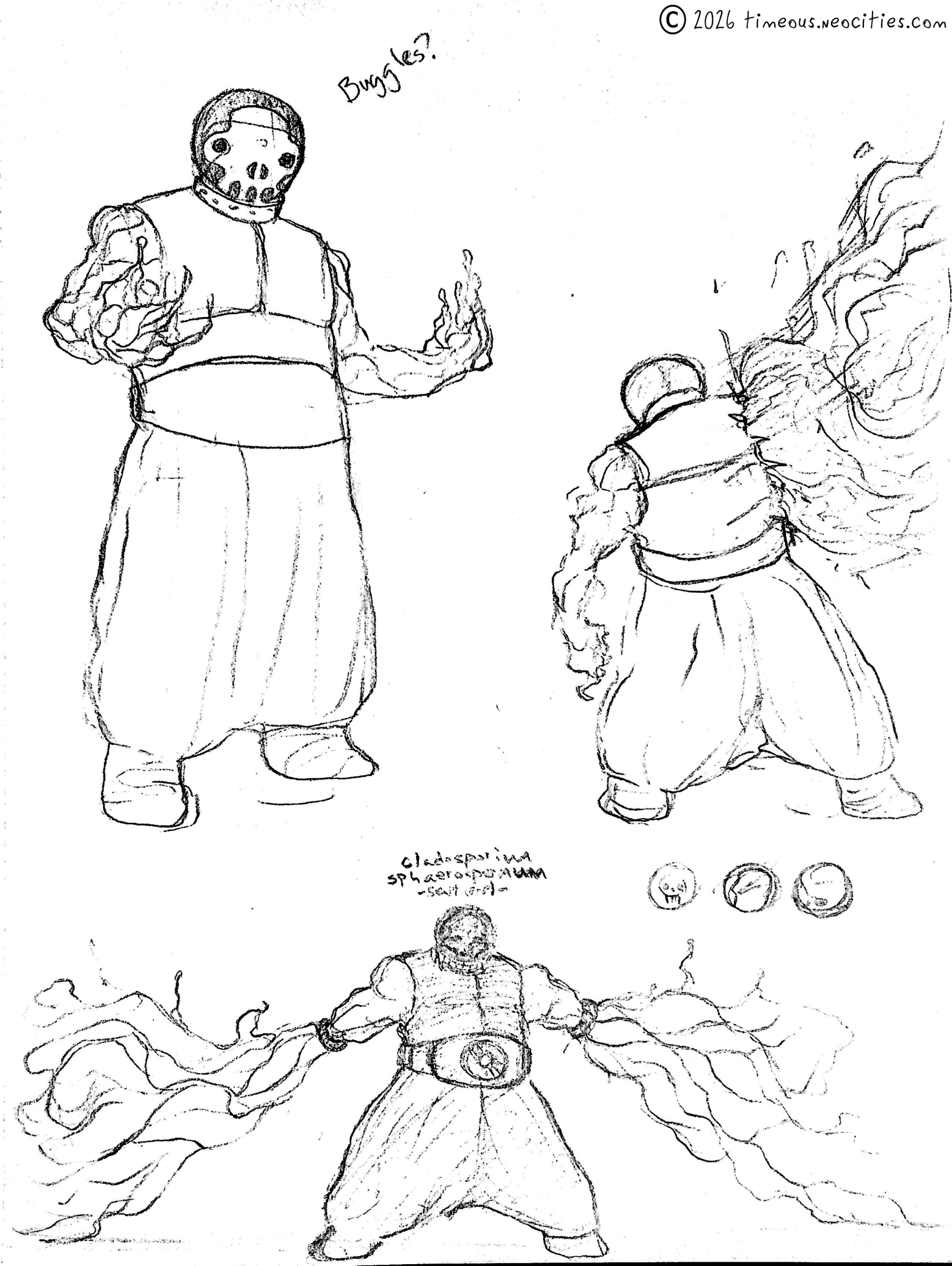 'Thrive Concepts 2'<br>Brainstorming appearances for this character. 'Buggles' is my nickname for it. Pencil.