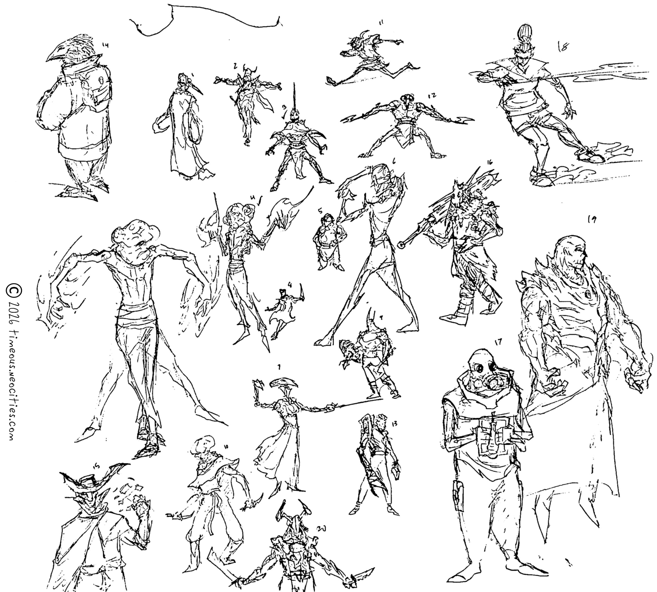 'Characters 1'<br>No specific theme for these thumbnails, but some of them may appear later as slightly more developed concepts. Pen.