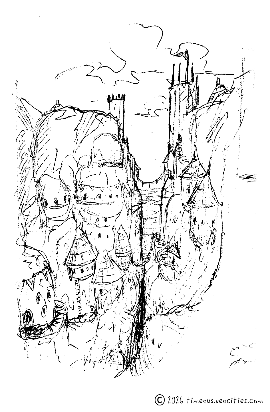 'Cliff City'<br>Little dwellings on the sides of a chasm. Pen.