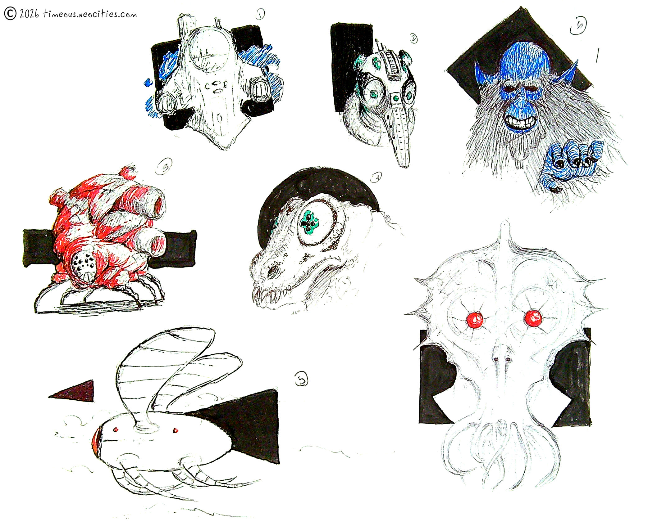 'Fun With Color'<br>Some portraits where I used colored pens/brushes to add mostly monochromatic touches to pen drawings with bold black backgrounds to give contrast. Pens, various.