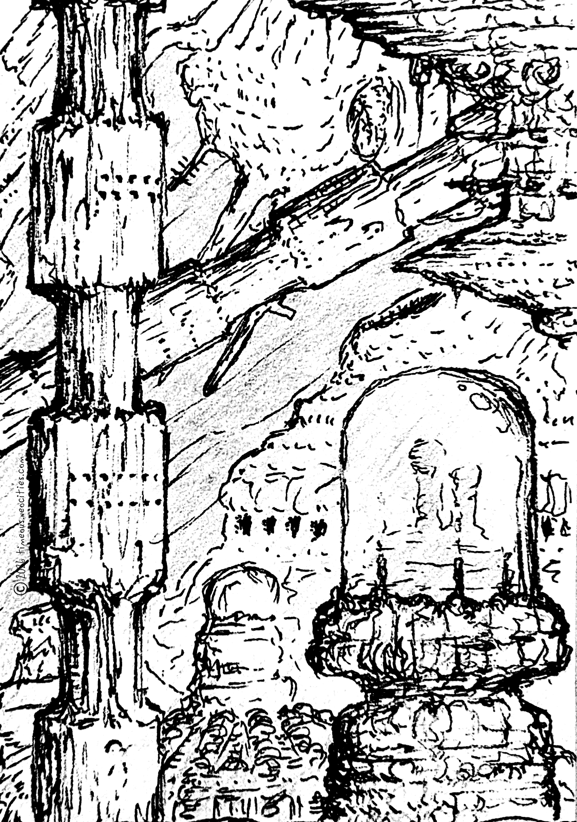 A strange environment full of deformed, organic towers and buildings, jutting from the frame edges at odd angles.