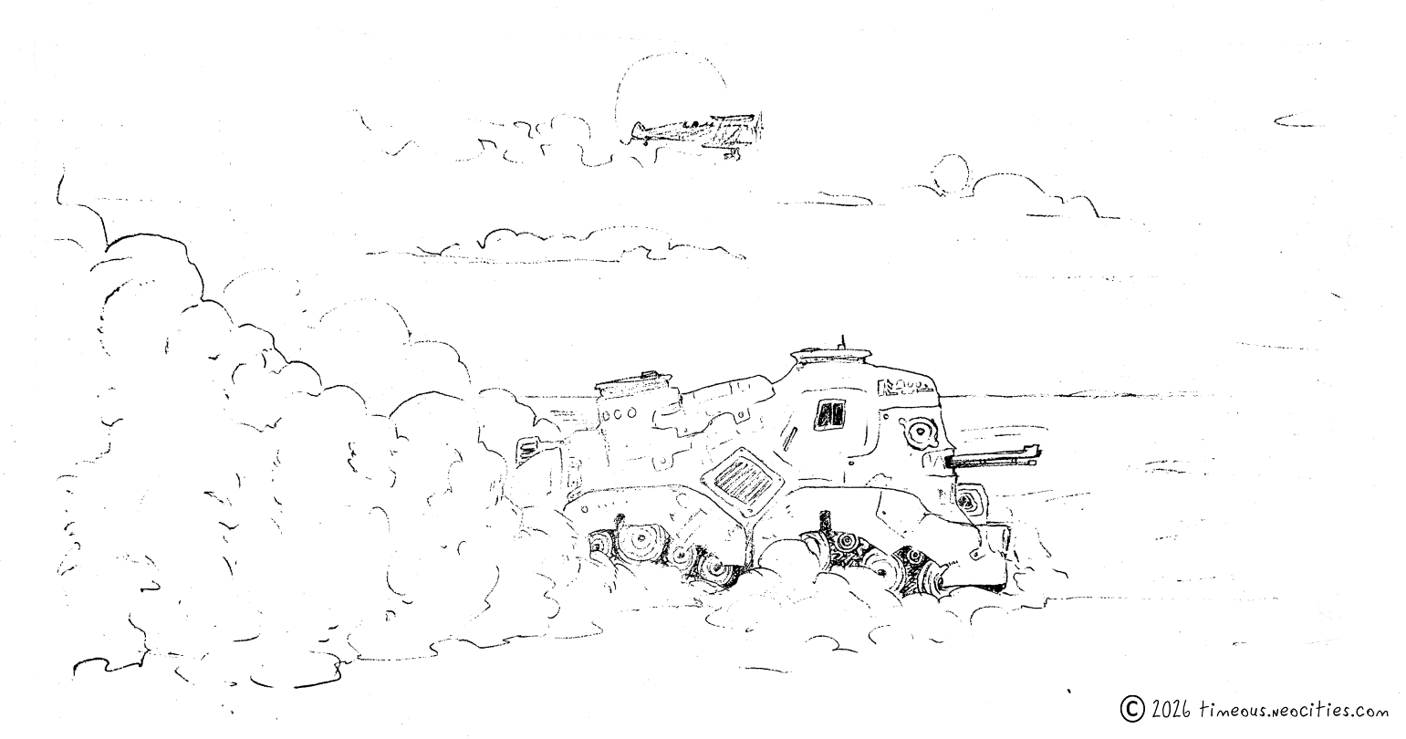 'Droutish Tank'<br>An armored vehicle from the country of Drout. From the project 'Warlock at Large' I've been developing off and on. Pen.