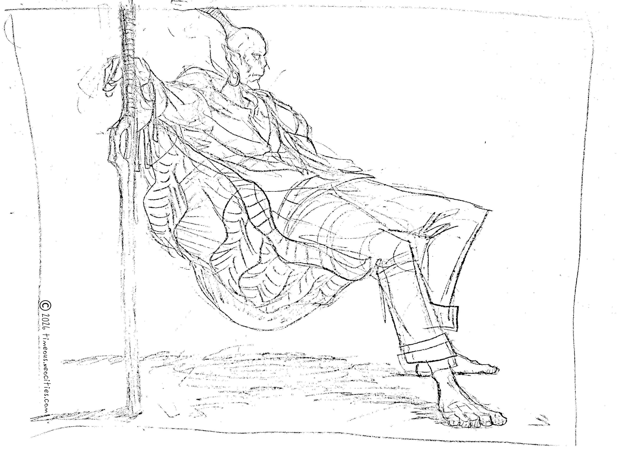 'Etchi, Future 1'<br>His species is functionally immortal, but the brutal nature of their planet leads to an average life expectancy not disimilar from our own. Pencil.