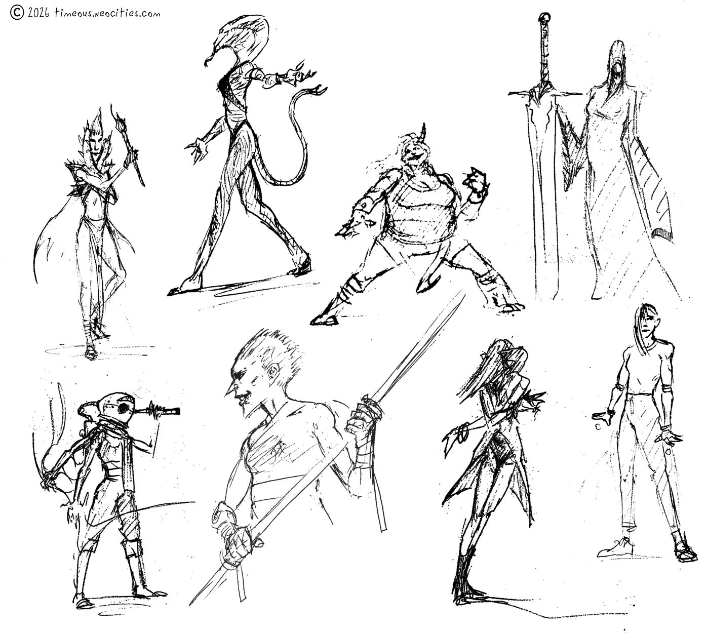 'Female Characters 1'<br>I'll do themed pages of thumbnails sometimes. For this one I tried to do like 20 or so female-only character sketches, and what you see here is the ones I liked the most compiled into a pleasing showcase. Yes, I know the snake woman has boobs, I've learned to live with the choices I've made. Pen.