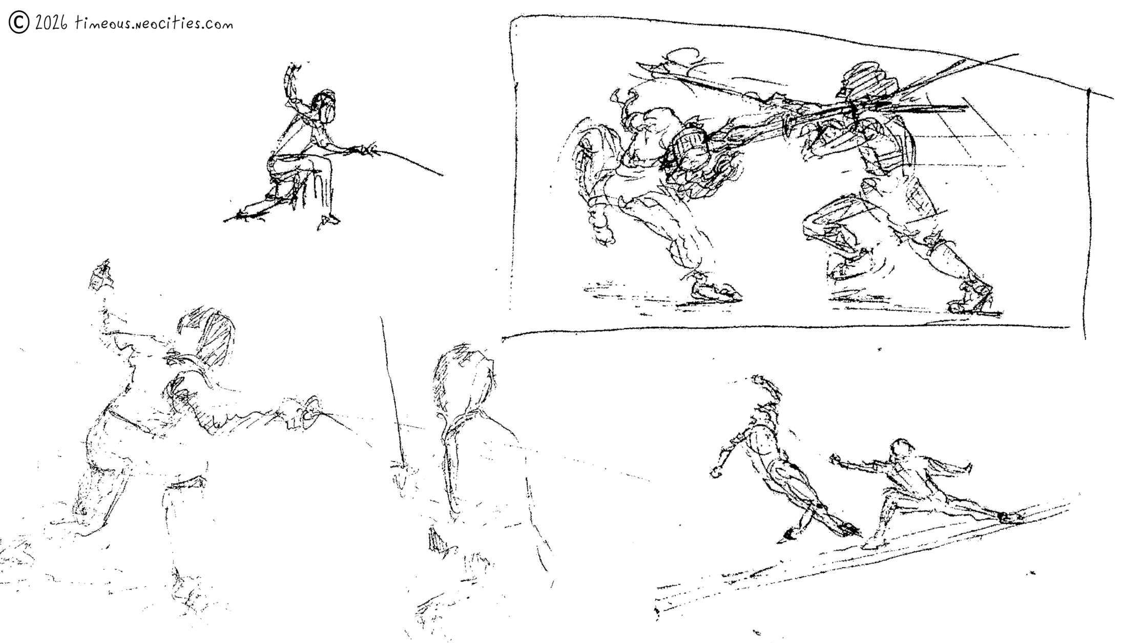 'Fencing 1'<br>I did a number of fencing studies as practice for action shots. Pen.