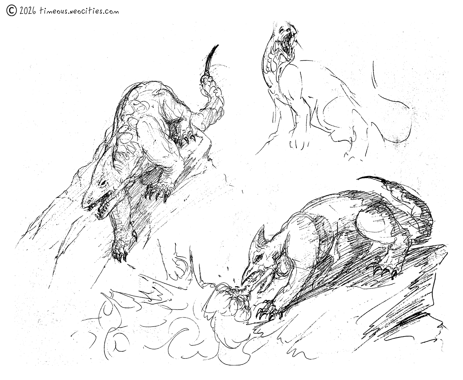 'Furzschlange BS'<br>Some sketches for a creature I never submitted. The prompt asked for a very fast creature that attacks with fire, but I missed that the setting was supposed to be a mystical forest. The 'furzschlange' is an alien beast discovered by German researchers that can suck in flammable gasses from the atmosphere and expel them in a cone of flames from bone nozzles on either side of its jaw. 'Fruzschlange' should roughly translate to 'Fart Snake'. Pen.