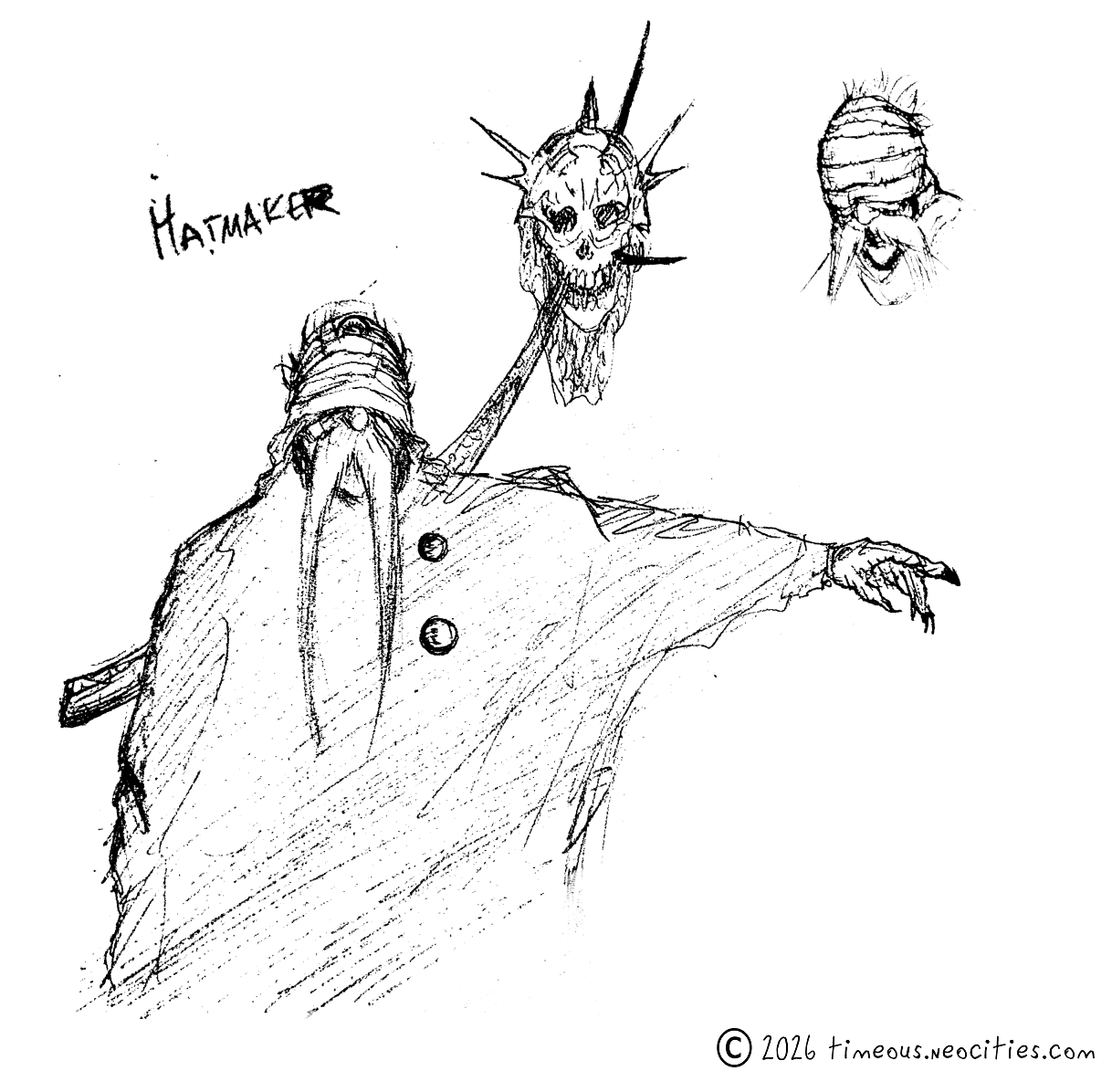 An old man with a walrus mustache in a big coat/cloak stands with one hand upraised, a skeletal head pierced on a curved blade hooked to his back.