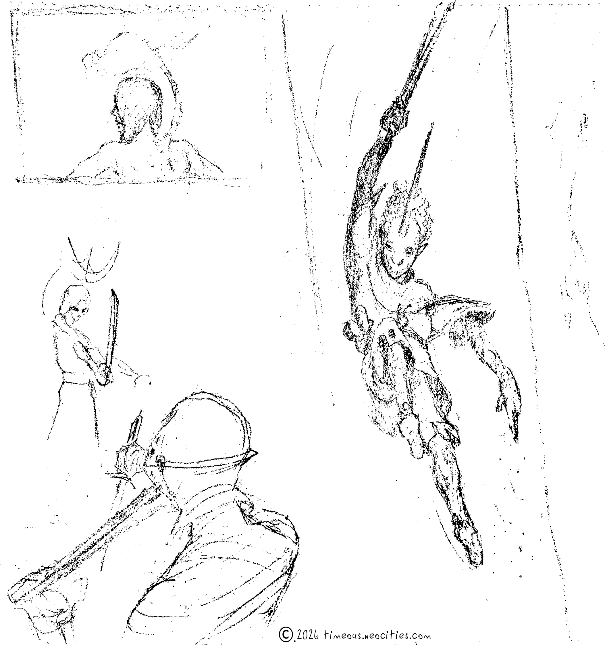 'Insurgency Team 1'<br>The small scale insurgency team are a trio of agents from the Chimera Forest. Two of them are pictured here: Jalla Moondrop, left (confronting the bandaged mercenary), and Mossfinger, right. They fight with specialized plants, some integrated with their bodies. Pencil.