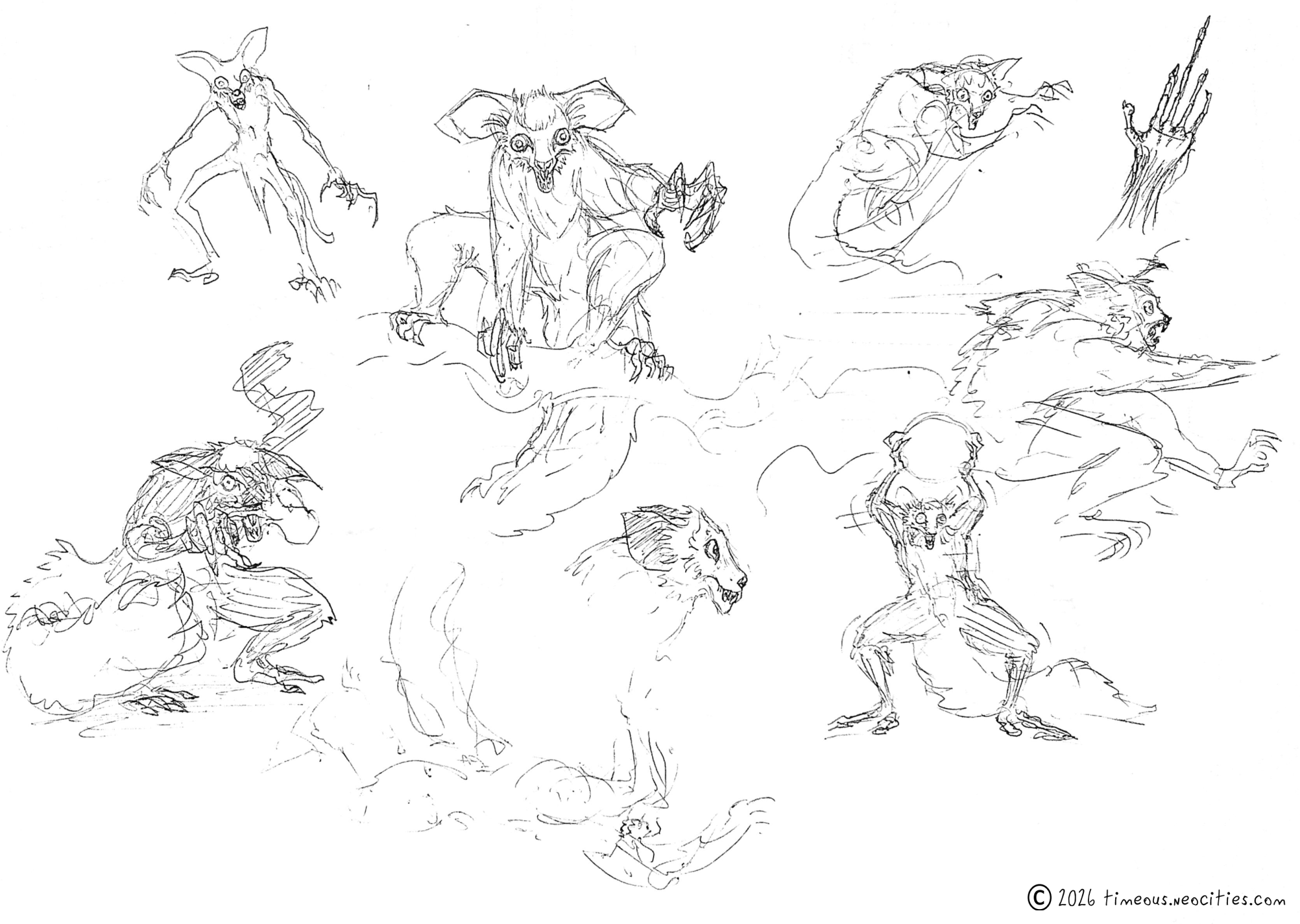 'Lemur Concepts'<br>Brainstorming more refined designs for the feral lemurs in 'Layover'. Pen.
