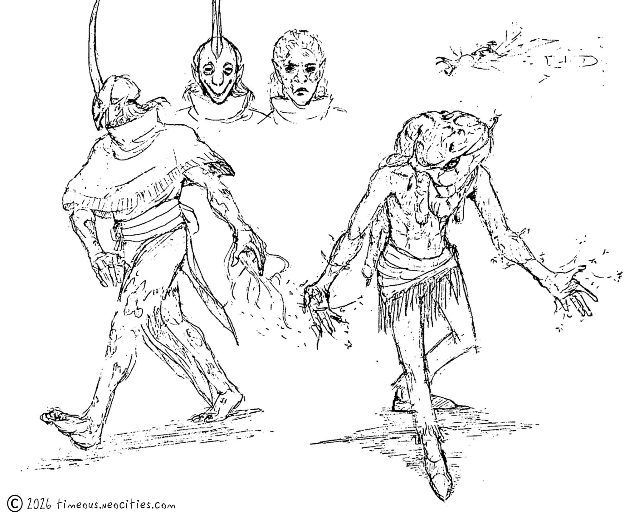 'Mossfinger and Rollo'<br>Early concepts based on the original thumbnails (Characters 1). Mossfinger uses vines embedded in his flesh to travel quickly and spread a variety of dangerous flora. Rollo is a bandit of the desert who wears the scent organ of a giant firefly around his head. Pen.