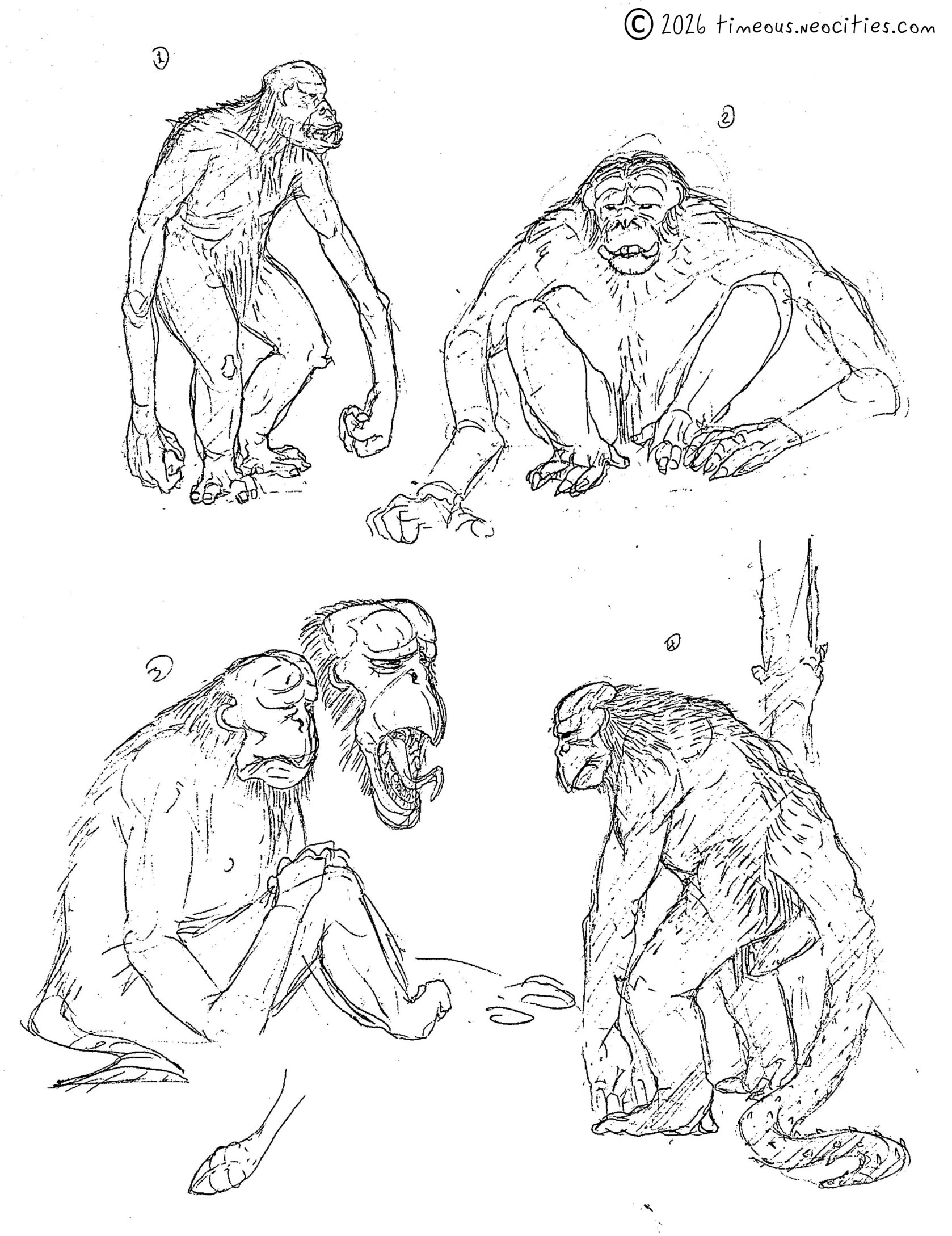 'Pit Stalker BS 1'<br>For this prompt I needed to envision a creature's evolution over a few million years after a massive world-wide flood takes place. I started by first coming up with the original creature, an ape-like predator that lived near tar pits, using long arms to reach stuck prey and a prehensile tail to anchor itself to the ground or nearby trees. Looking back, I think I preferred these sketches to the final, evolved version. Pen.