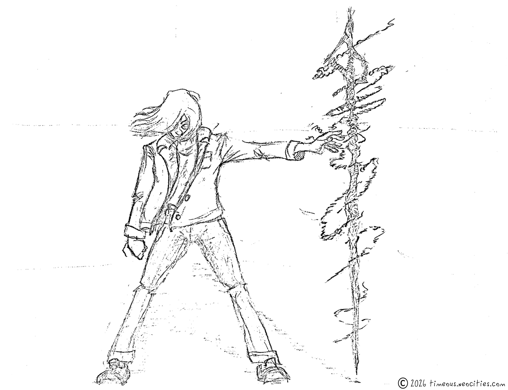 'Channeler, Future 1'<br>A young woman summons a lance of undulating black energy. Pencil.