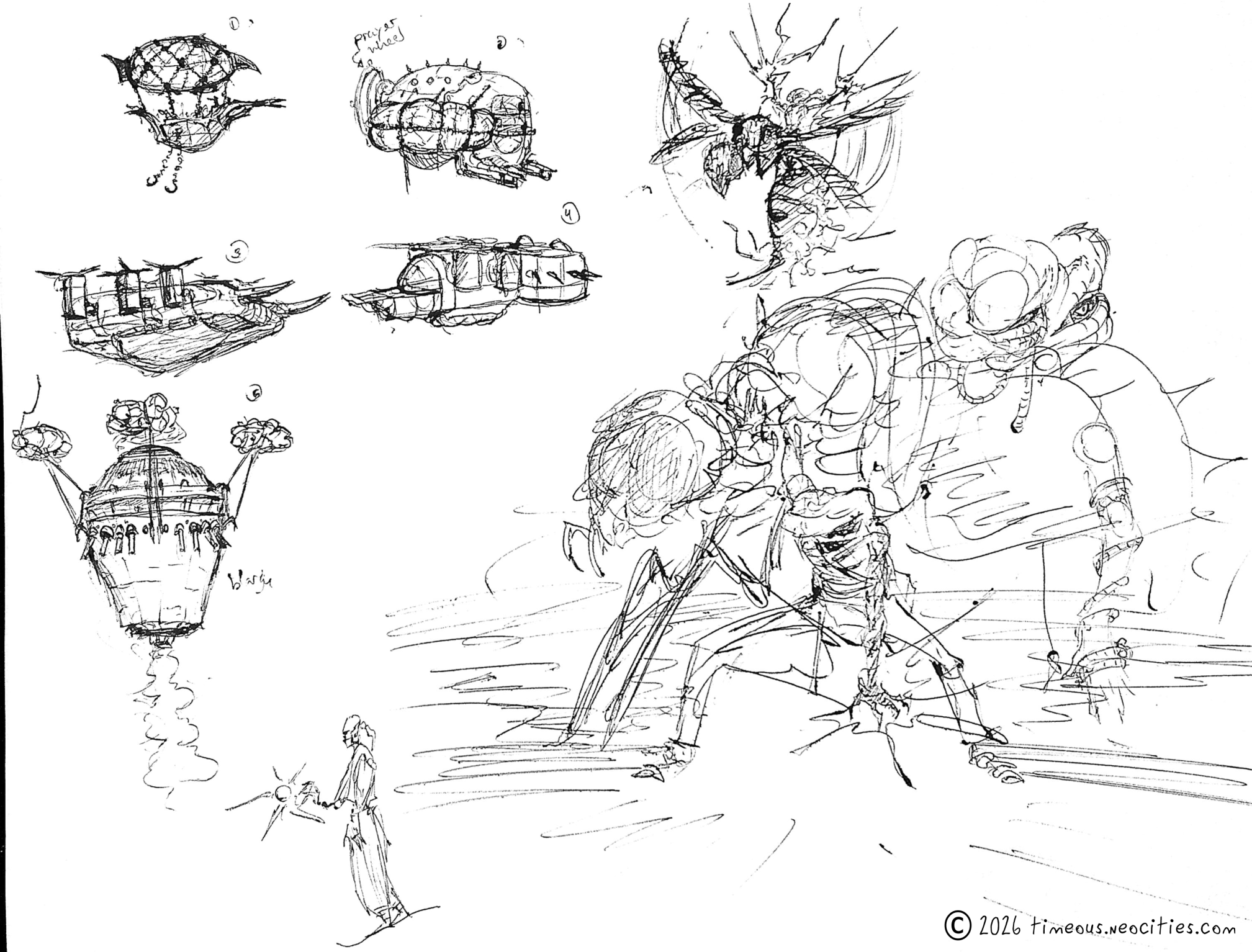 'Ships and More Rollo'<br>This world has roughly WW1-level technology, intermixed with strange magical elements. Some vehicles might float via flight sacs harvested from the massive insects populating the skies, while others may use the power of a dozen monks' focused belief (possibly with a series of great prayer drums? I'm still working on it). Rollo can fly by taming the wild firebugs that live in the desert. They think he's their mom. Pen.