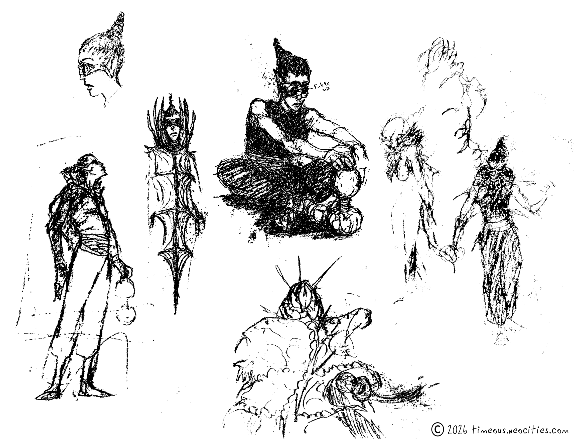 'Thorn 2'<br>Some more concepts for Thorn. The whole team needs more work but I like how they're coming together. Thorn uses a pair of plants she's attuned to: Her cloak of thorns, which protects her automatically from nearby threats, and the gourd of creation, a family heirloom that can produce a number of items based on the collected knowledge of its previous bearers. She uses it mainly for swords. Pencil.