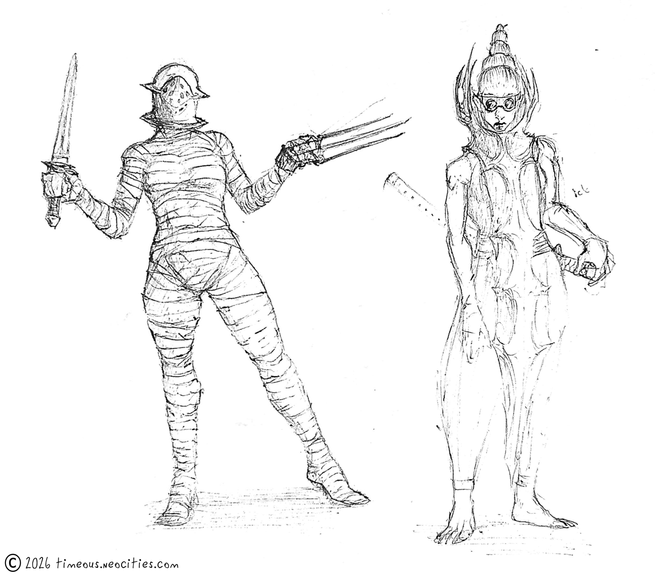 'Thorn and the Bandaged Mercenary'<br>Early concepts for Thorn and the other one (no real name yet but I like her) based on their thumbnails (Female Characters 2). The mercenary most likely works for the Droutish Empire.