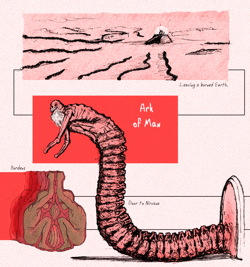 Large centipede-like creature made up of numerous human bodies, at the front is the mummified form of an old man.