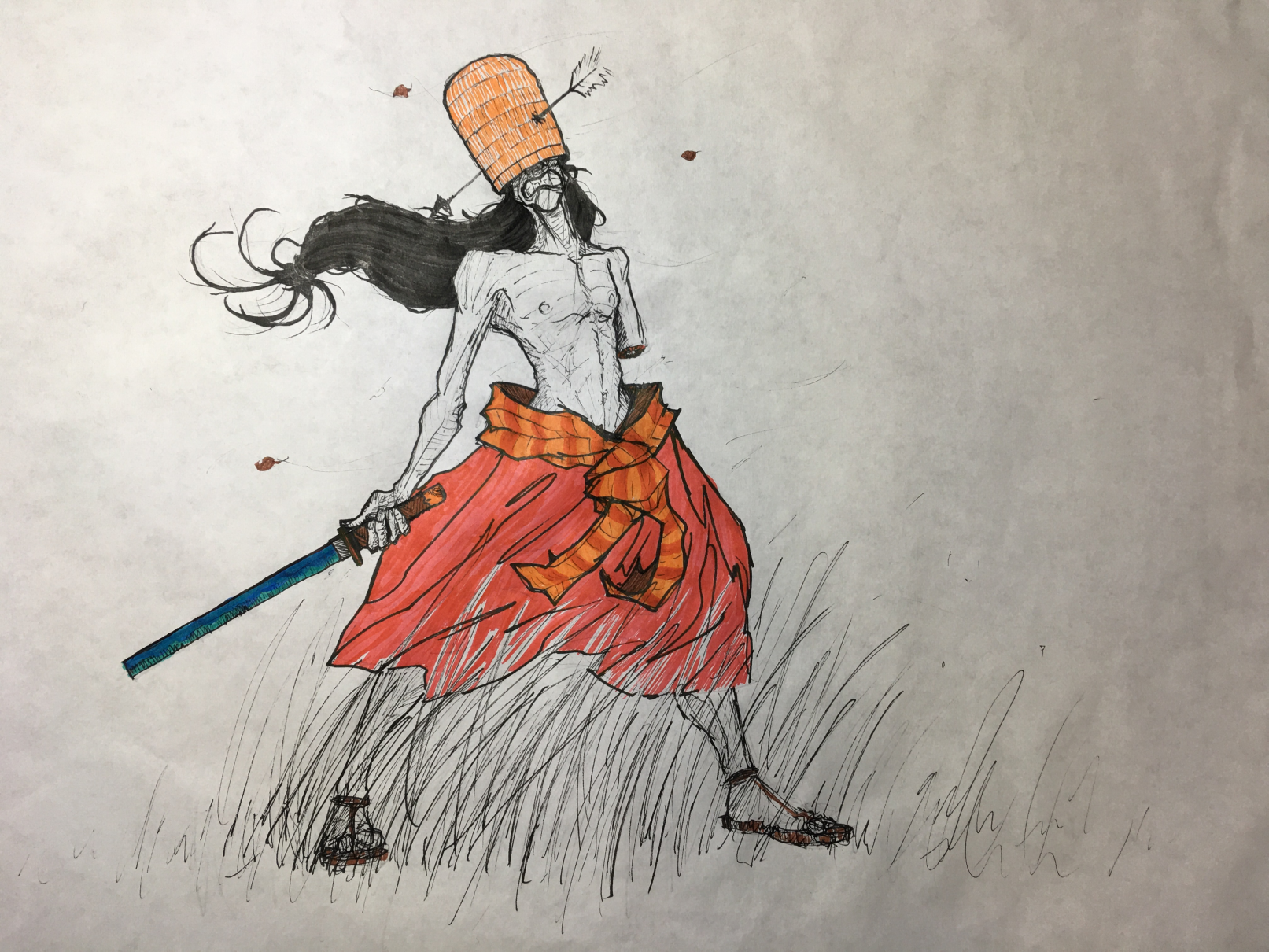 A samurai holding a broken sword with a basket covering his head. The basket is pierced with an arrow and he wears a frozen grimace.