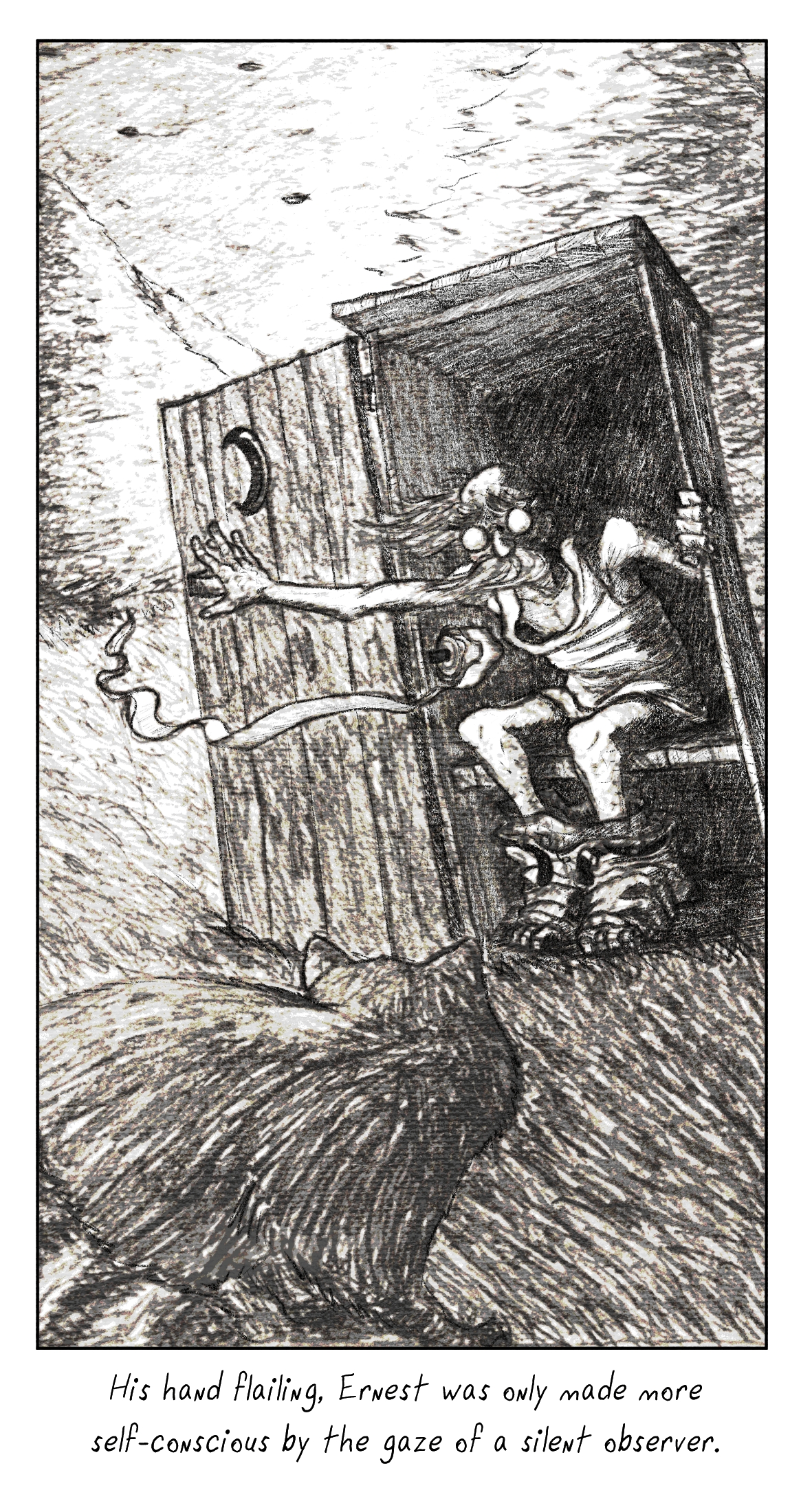 A man using an outhouse, being stared down by a raccoon.