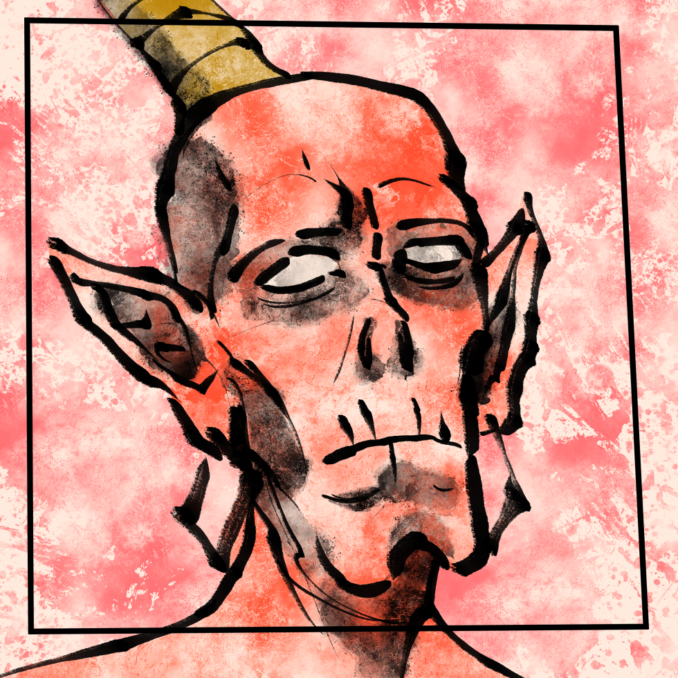 A digital sumi-e portrait of a red, humanoid alien. He has pointed ears, a chin split in two and looks very tired.