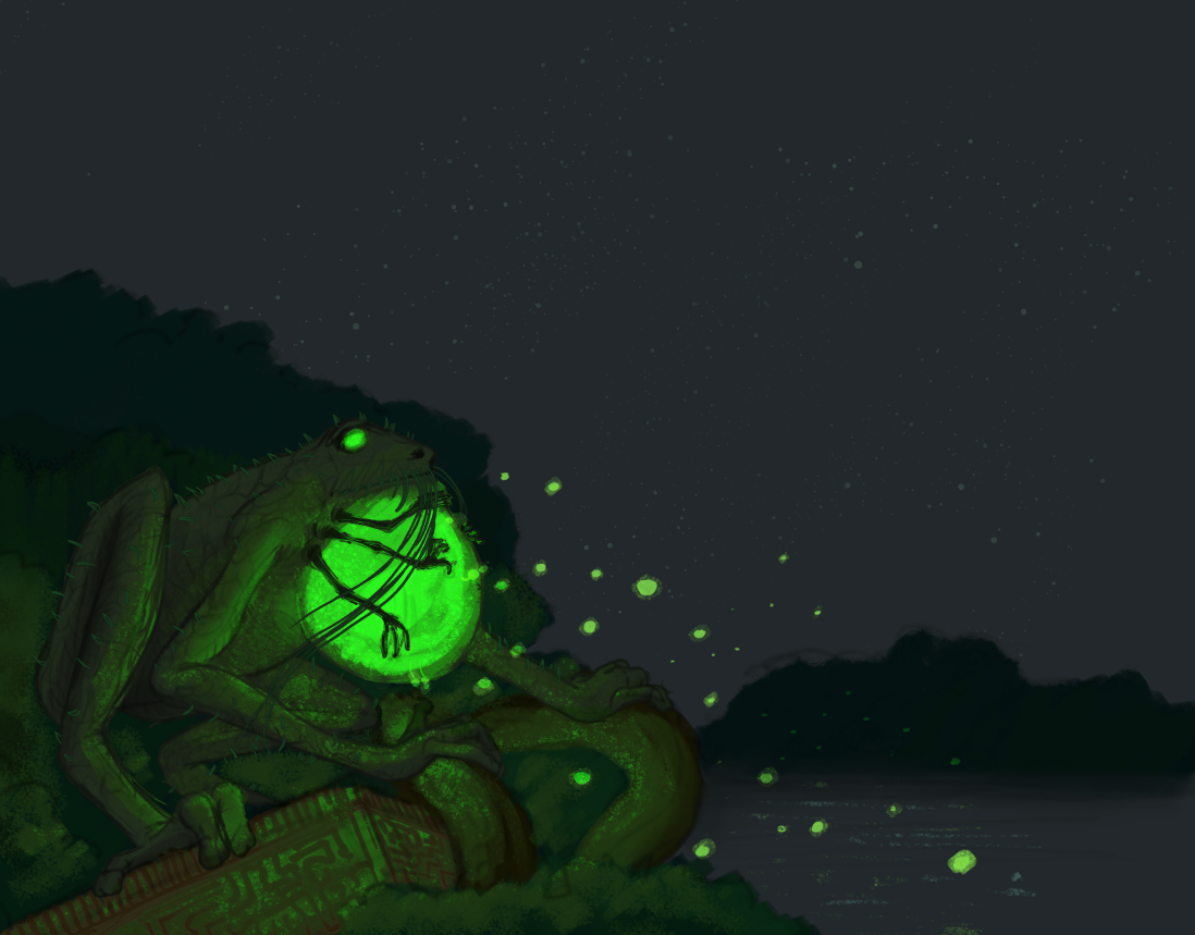 A benevolent frog spirit that watches over a lost jungle, extra forelimbs combing golden dewdrops from its vocal sac.