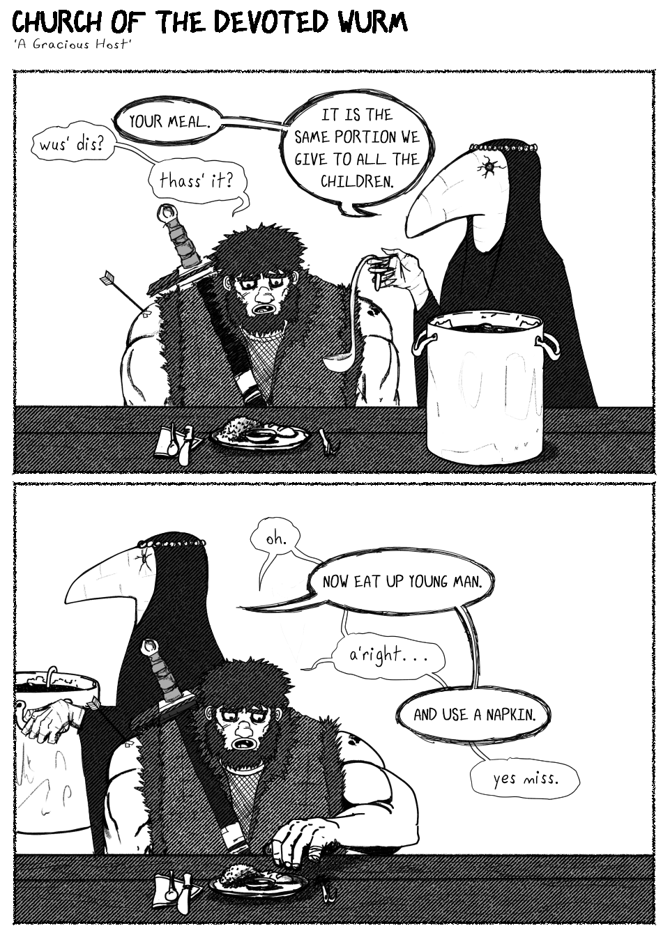 A comic featuring a kindly nun and a brutish barbarian.