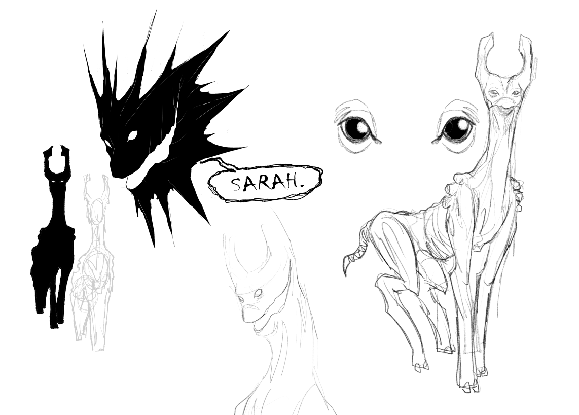 Sketches of a shadowy, deer-like monster.