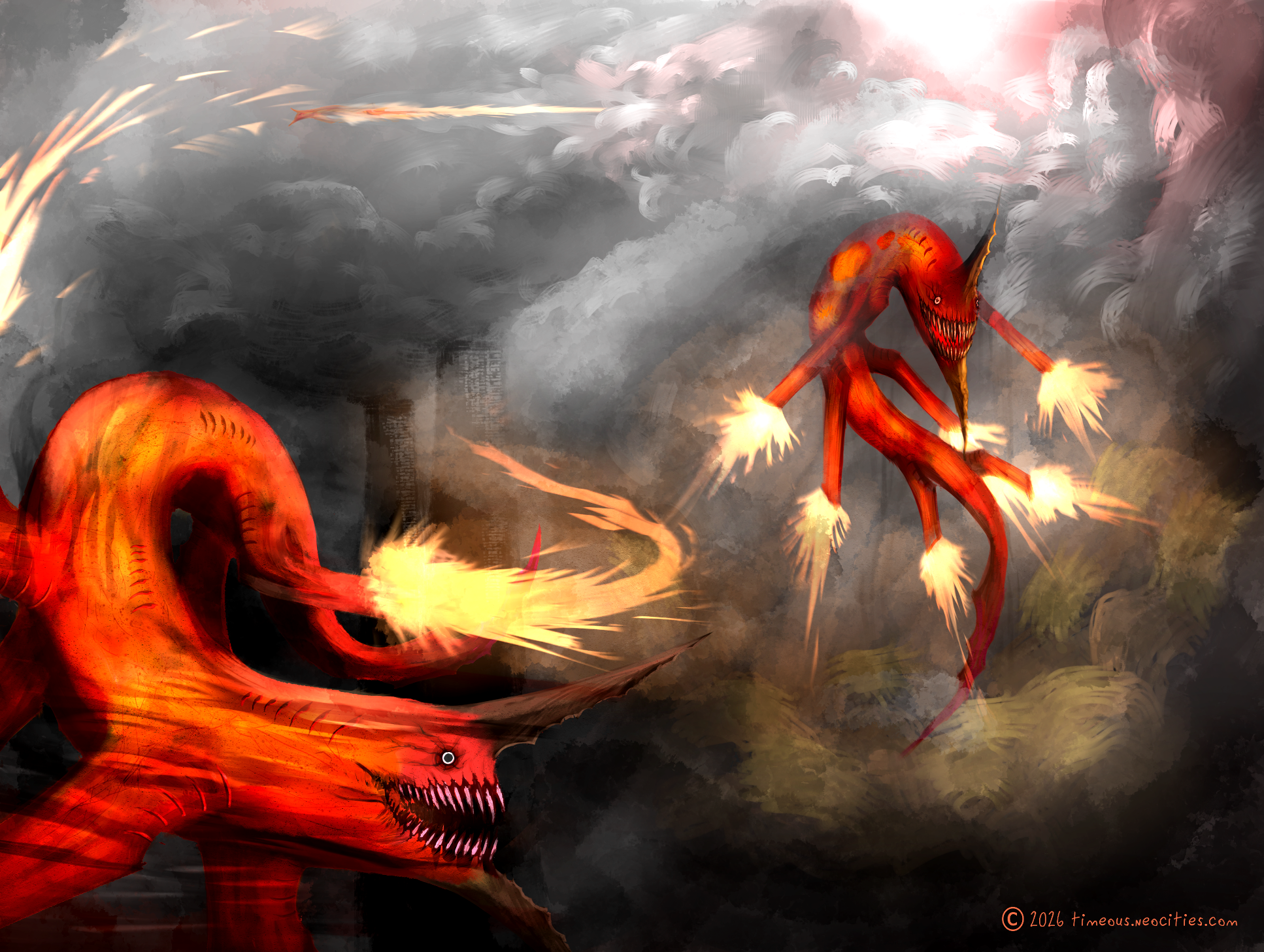 'Red Lights Over the Factory Planet'<br><br>May submission for the monthly challenge on the Creature Design Workshop Discord server. Here's the write-up:<br><br>“Watch out for shooting stars, they’ve got teeth.”<br>- Linesman, Sect. 1306<br>The ugly heart of industry, this planet is a crawling expanse of massive factories, power plants, macro-scale farming facilities, and much, much more. Thick smog blankets the sky in a perpetual state of twilight. Only the faintest traces of sunlight reach the surface so the unfortunates working the endless mazes of machinery and steel must rely on poorly-maintained electric lighting to see by. Sadly, there are other forms of illumination.<br><br>The workers have many names for them–‘Cutterfish’, ‘the Snacka’, ‘Red Rockets’, to name a few. They can be spotted, if you’re lucky, by the glowing red lights of their five stomachs which are bright enough to shine through both their skin and the smoke at once. These organs process the flammable gasses produced by the factories after they are sucked through natural vents on their fins and trunk where they are converted to a powerful fuel. This fuel ignites almost immediately and is directed out six hollow, fin-like appendages, producing significant thrust. Through the flexing of powerful muscles they can adjust the output, allowing them to hover, coast, or speed forward with incredible velocity.<br><br>Carnivores, their diet mostly consists of the animals they can steal from the factory farm sectors and the many workers who have no choice but to brave the exteriors of their metal fortresses. Massive jaws with appropriately razor-like teeth, large jagged blades jutting from the bottoms and tops, and a dextrous tail tipped with what is essentially a harpoon. Coupled with the creatures’ speed and ferocity, just glimpsing the red lights overhead could mean imminent death.
