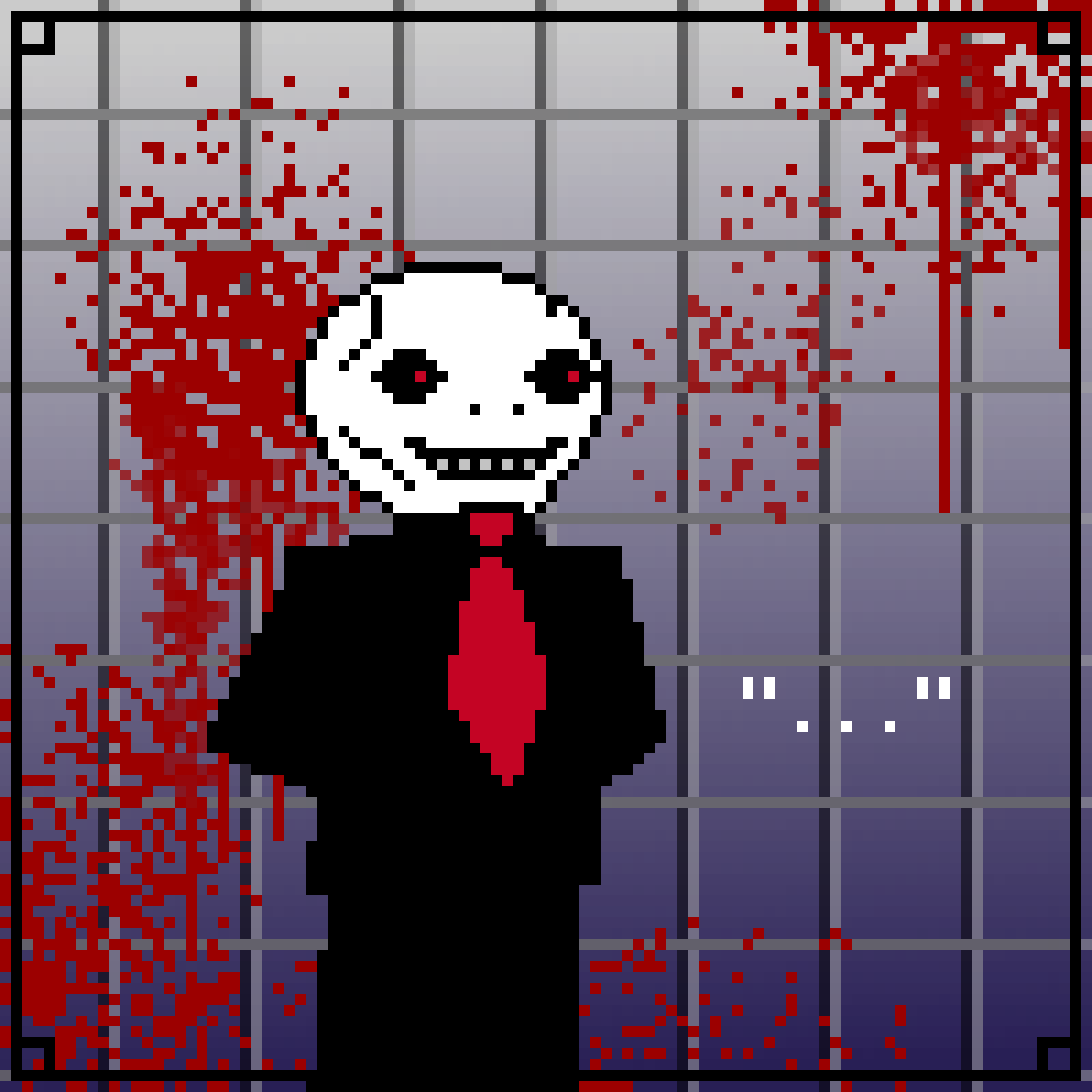 A pixel art creature stands by a bloodstained wall.