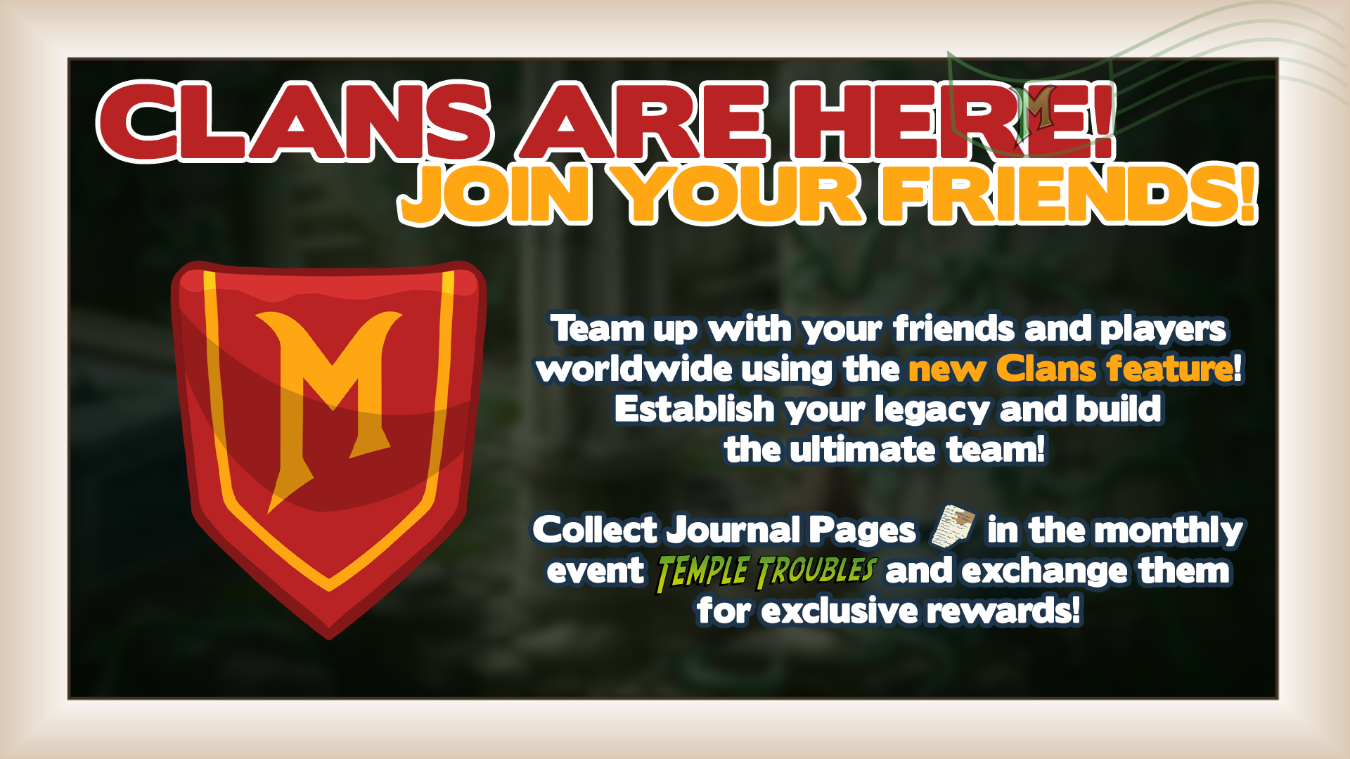 The announcement for the v2.12 update in Miscrits, featuring the implementation of Clans in-game and the 'Temple Troubles' limited-time-event.