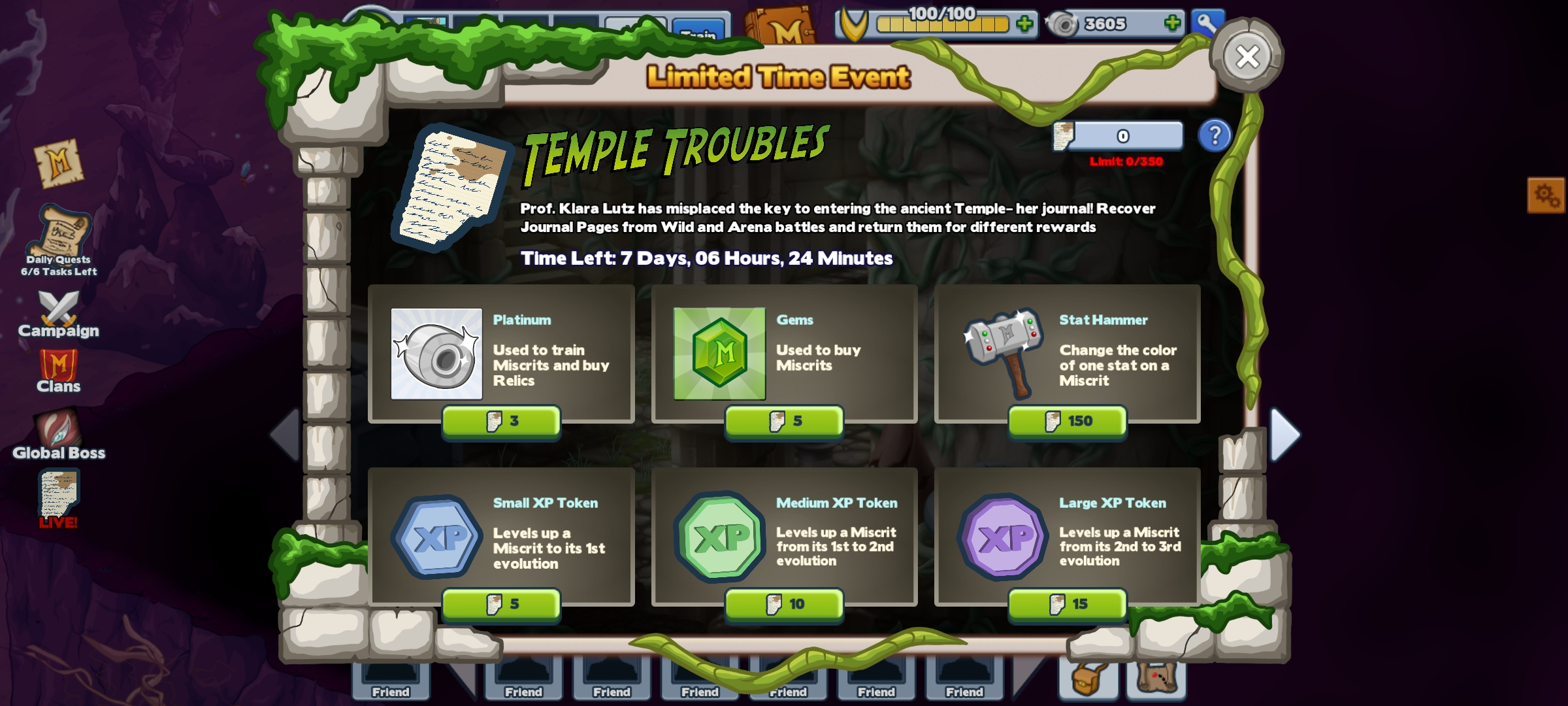 The window in the Miscrits game showing the limited time event, 'Temple Troubles'. It also shows the list of items the player can obtain in exchange for Journal Pages.