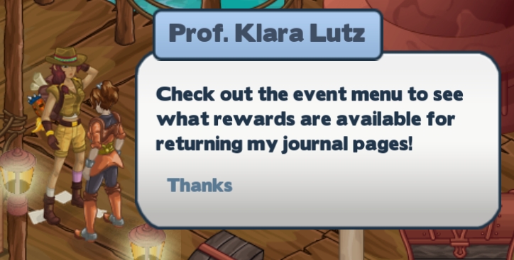 Prof. Klara Lutz breaking the fourth wall by telling us to 'check the event menu to see what rewards are available for returning her journal pages'.